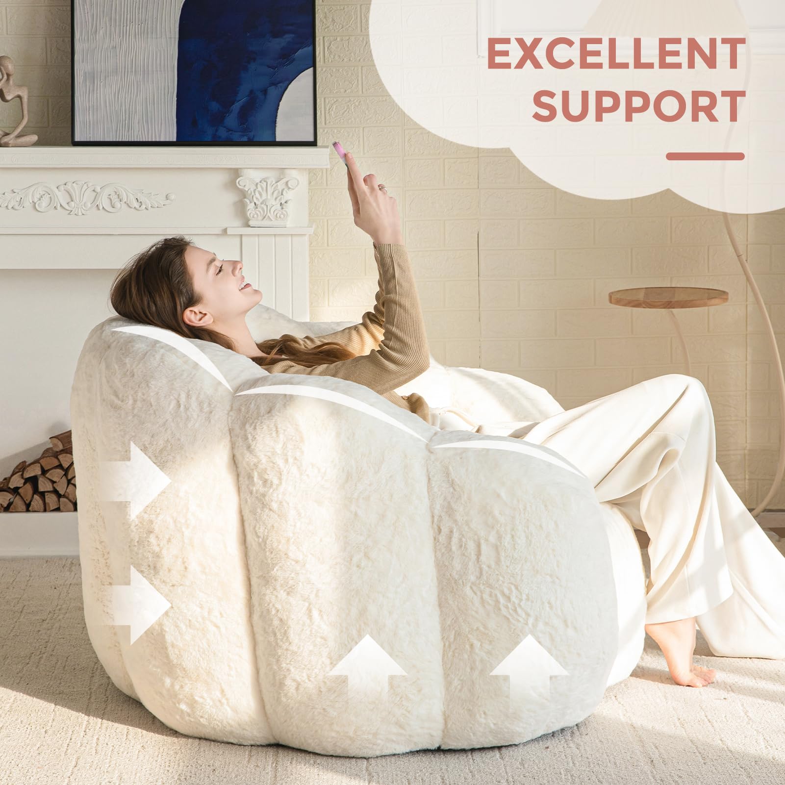 MAXYOYO Floral Bean Bag Chair - Ultra Soft Faux Fur Petal Back Sofa for Adults, Single Size Beige | Cozy Lounge Chair for Living Room, Bedroom & Game Room Relaxation