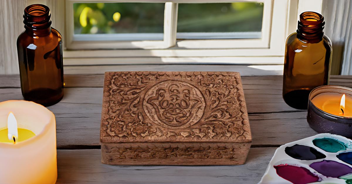 Handmade Wooden Jewelry Box with Hamsa Carving - 8x5 Inch Jewelry Organizer, Keepsake & Watch Storage Box - Perfect for Home Decor, Housewarming Gifts & Travel Accessory Organization