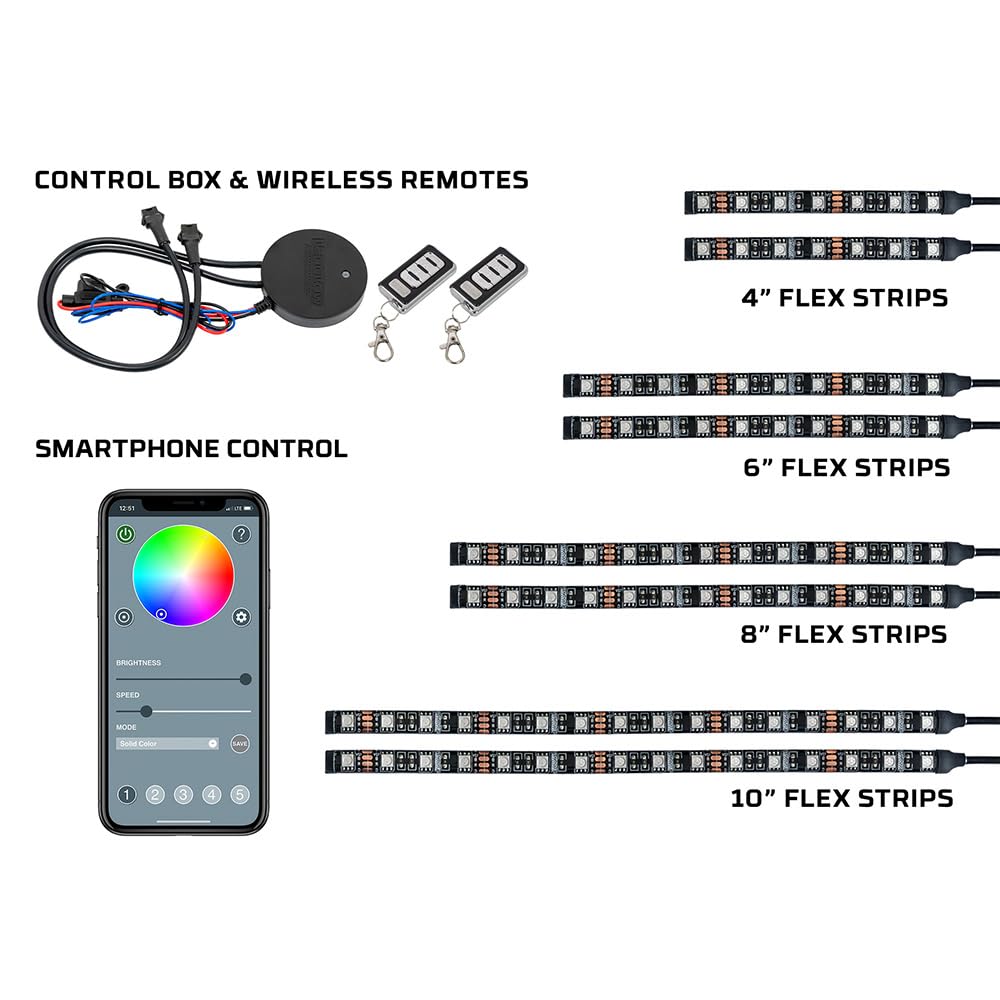 LEDGlow 8-Piece Bluetooth LED Motorcycle Underbody Lighting Kit - 16 Million Colors, Smartphone App Control, Dual Zone & Brake Light Features, Waterproof - Perfect for Night Riding & Custom Bike Shows