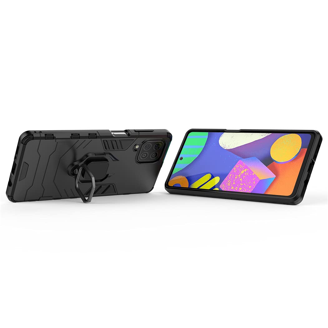 Samsung Galaxy F62 Case with Metal Ring & Kickstand - Shockproof Hard Bumper, Magnetic Car Mount Compatible, Dual Layer Rugged Cover (Black) - Perfect for Outdoor Activities, Travel & Daily Protection
