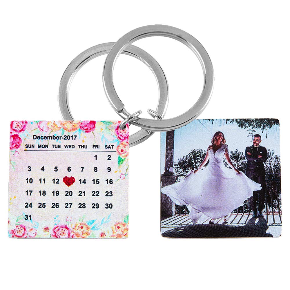 Personalized Custom Square Keychain with Engraved Photo & Calendar - Unique Gift for Women, Lovers, or Parents - Perfect for Birthdays, Anniversaries, and Special Occasions