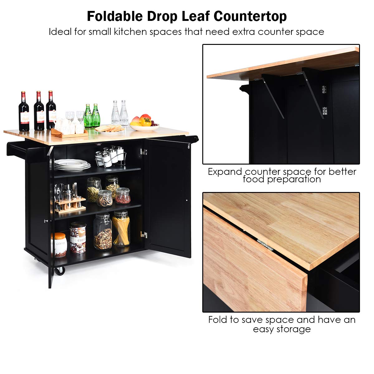 Giantex Kitchen Island Cart with Drop-Leaf Tabletop - Large Rolling Trolley with Cabinet, 3 Drawers & Towel Rack - Mobile Kitchen & Dining Organizer for Small Spaces, Meal Prep & Entertaining