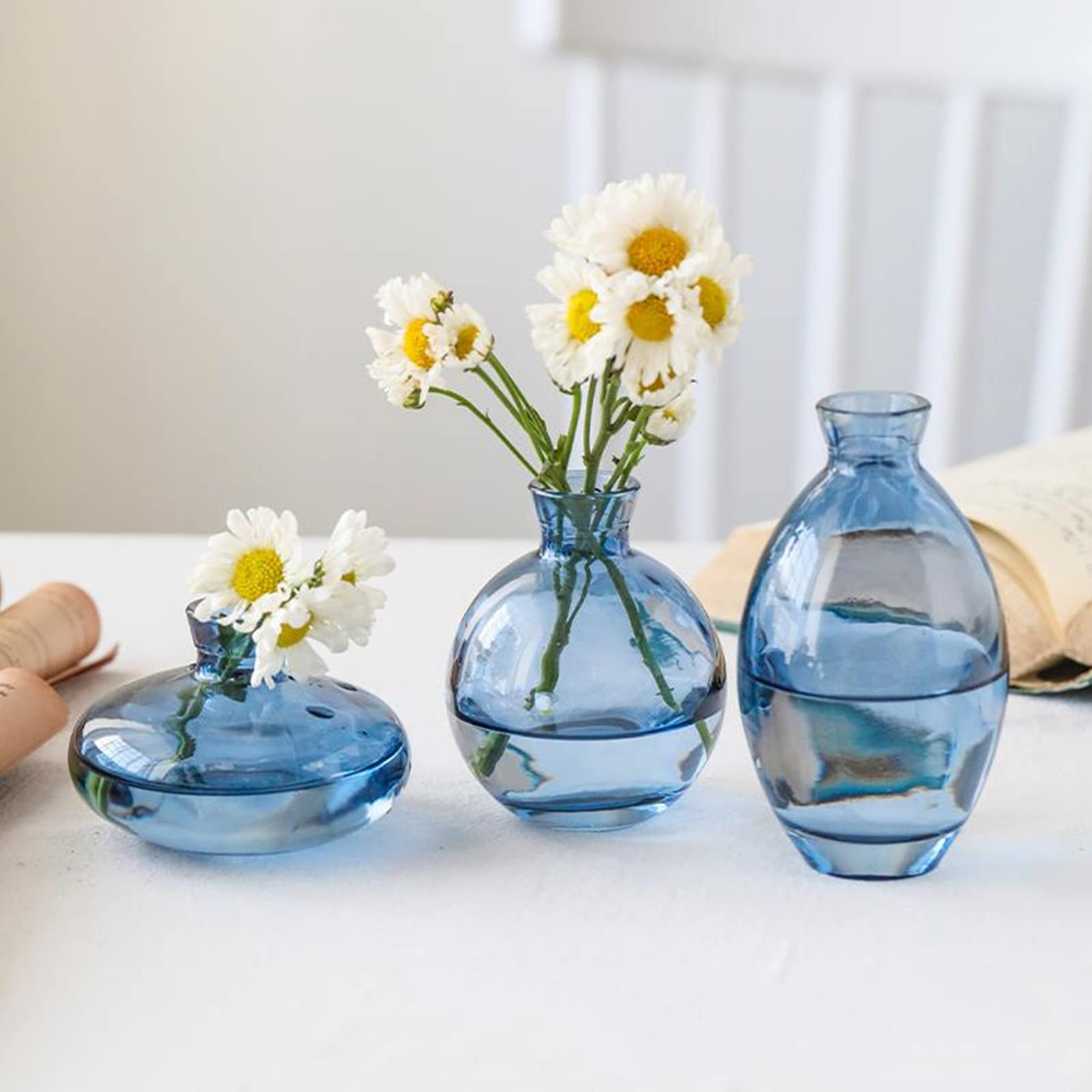 Glass Bud Vase Set of 3 - Mini Flower Vases for Home Decor, Modern Blue Glass Vases for Table Centerpiece, Wedding, Party & Office Decoration