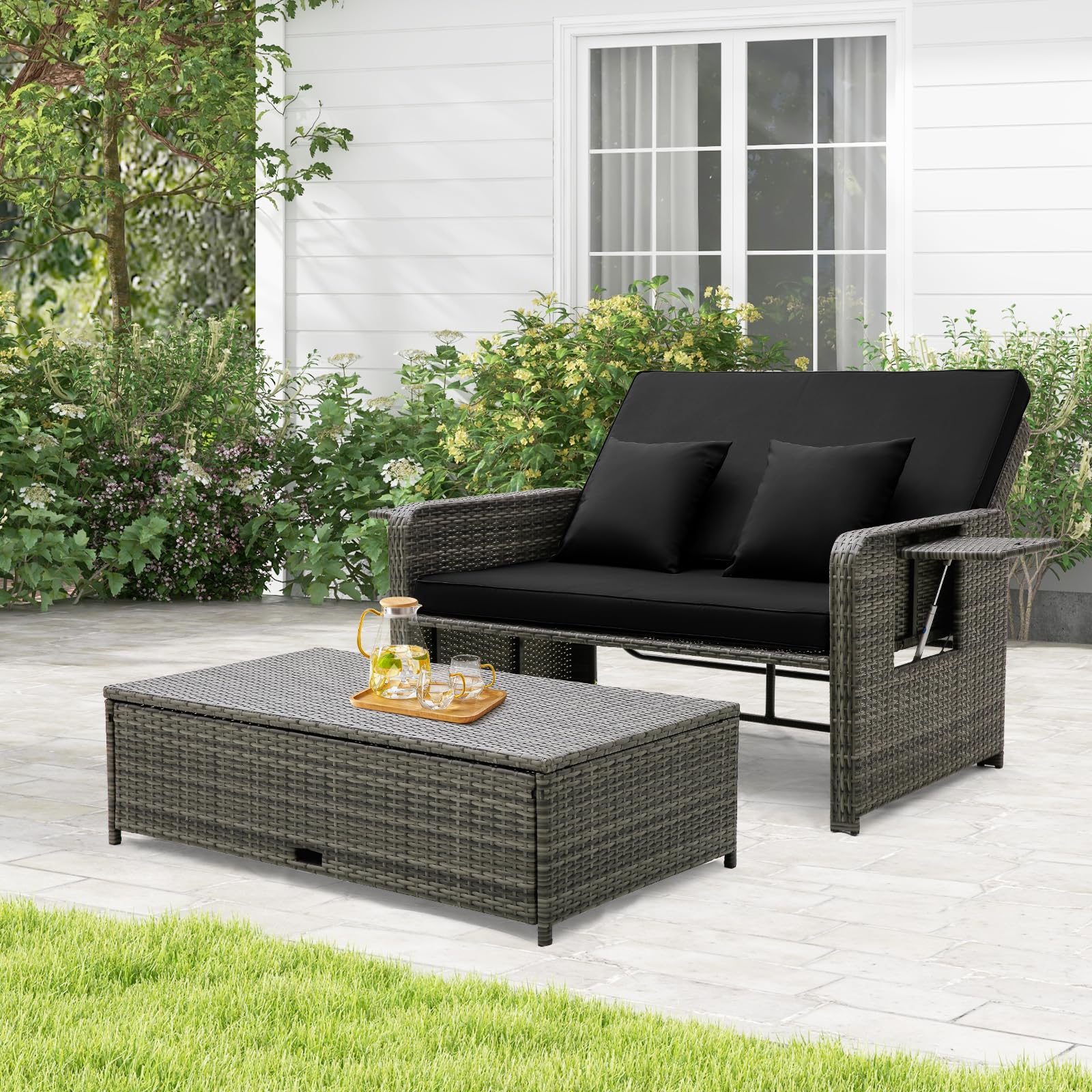 Tangkula Outdoor Patio Rattan Daybed Set with Adjustable Backrest - Wicker Loveseat Sofa, Ottoman & Side Tray - Includes Storage Footstool & Cushions - Perfect for Backyard, Garden, Poolside Relaxation