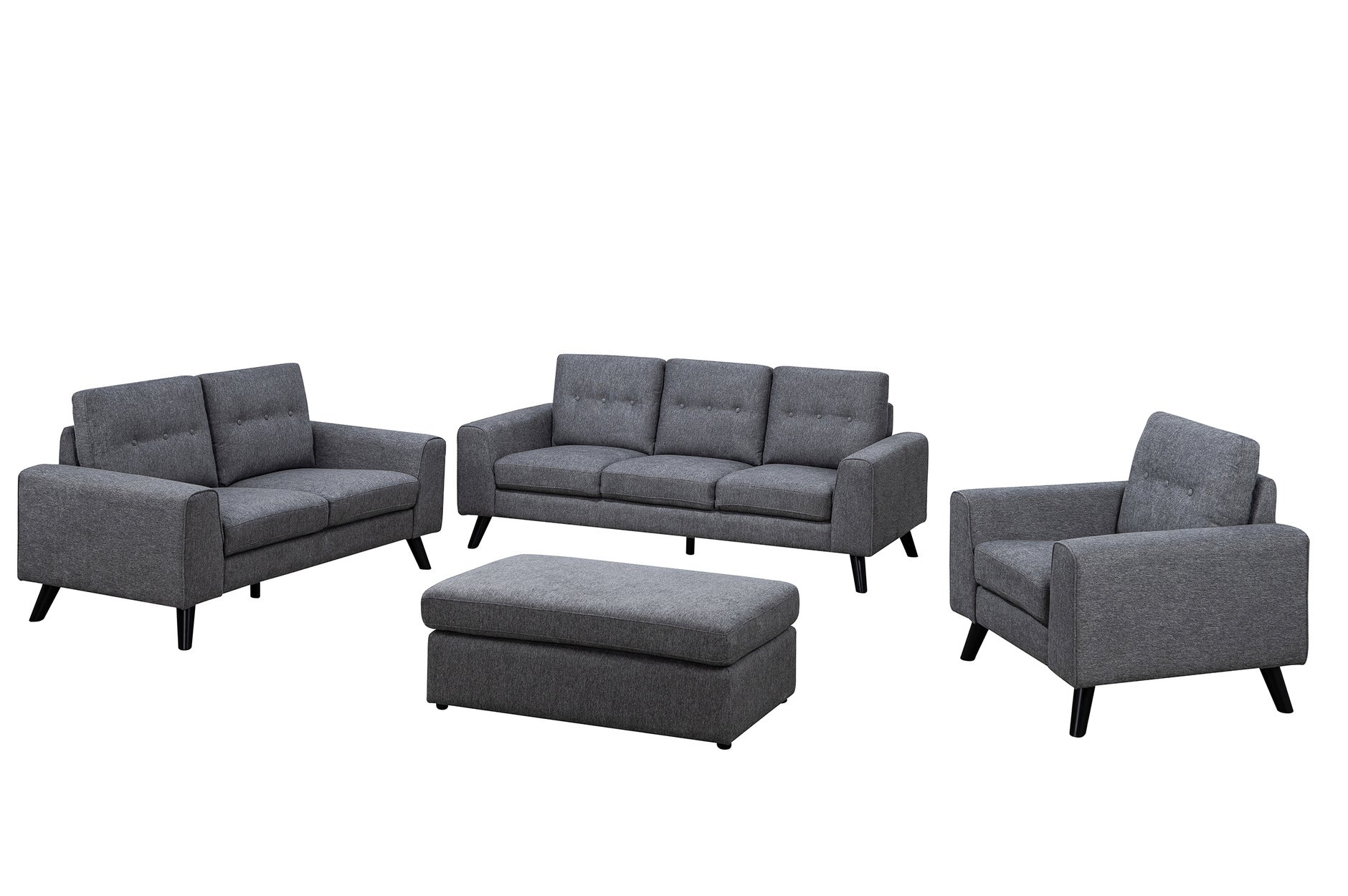 Evelyn Mid Century Modern Grey Living Room Furniture Set - Sofa, Loveseat & Chair for Cozy Home Decor