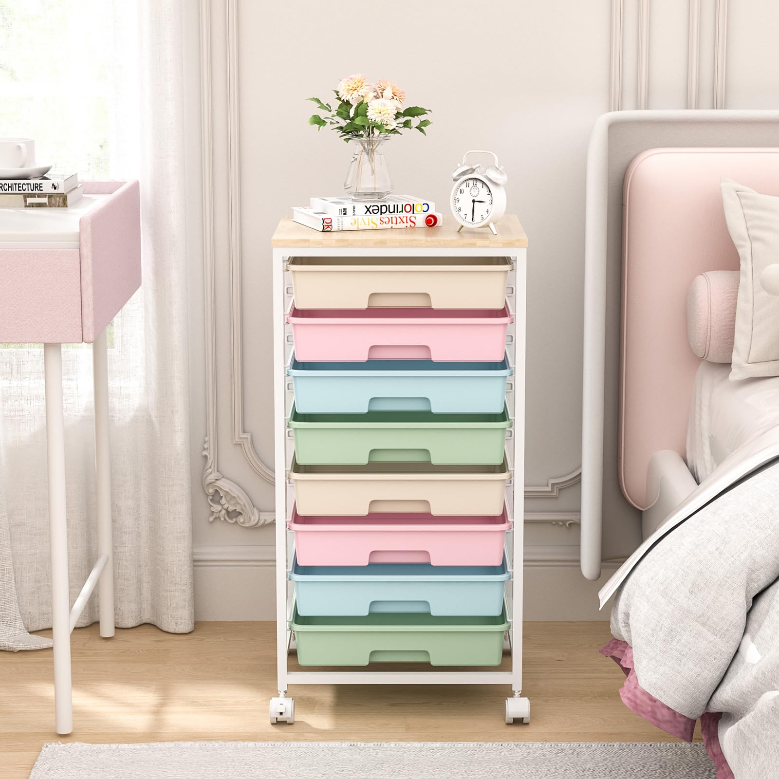 8-Drawer Rolling Storage Cart with Wooden Tabletop - Mobile Utility Cart for Living Room, Bedroom, Office, Classroom & Dorm Organization - Perfect for Home, School & Office Storage Needs
