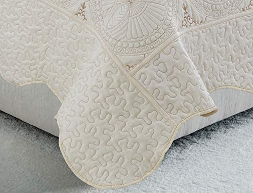 Queen Size Embroidered Quilt Bed Set - 3 Piece Luxury Bedding with 2 Pillow Shams in Cream | Perfect for Master Bedroom, Guest Room & Cozy Home Decor