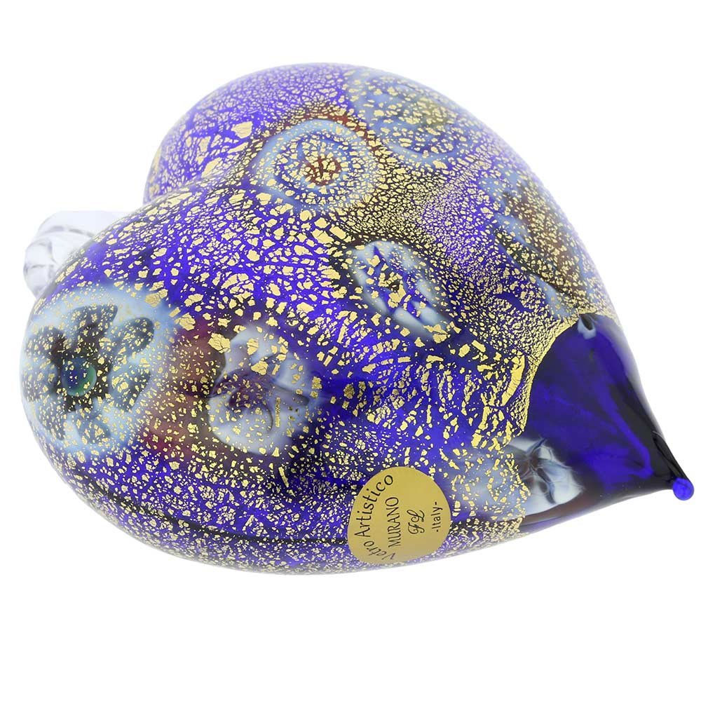 Venetian Murano Glass Heart Christmas Ornament - Handmade in Italy with Millefiori Blue & Gold Design | Perfect for Holiday Tree Decor, Gift Giving & Festive Home Decoration