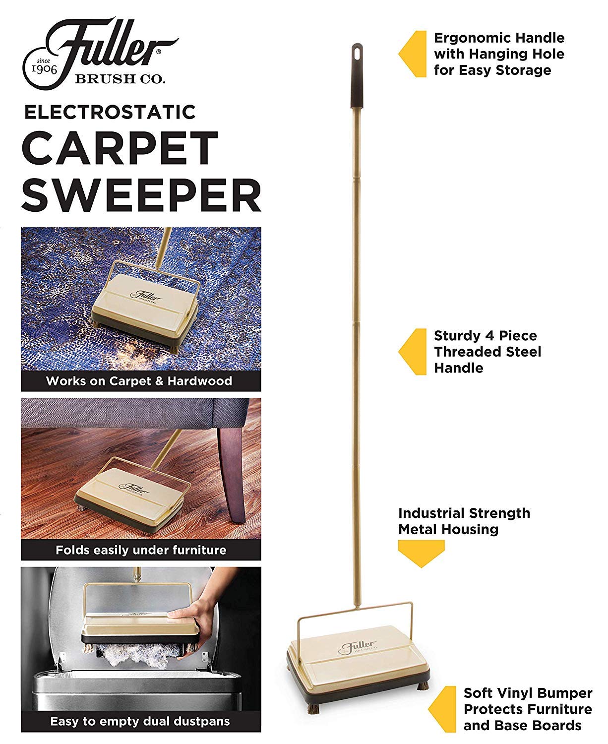 Fuller Brush Carpet Sweeper - Gold | Heavy-Duty Carpet Cleaner for Pet Hair, Dust & Debris | Perfect for Hardwood Floors, Rugs & High-Traffic Areas