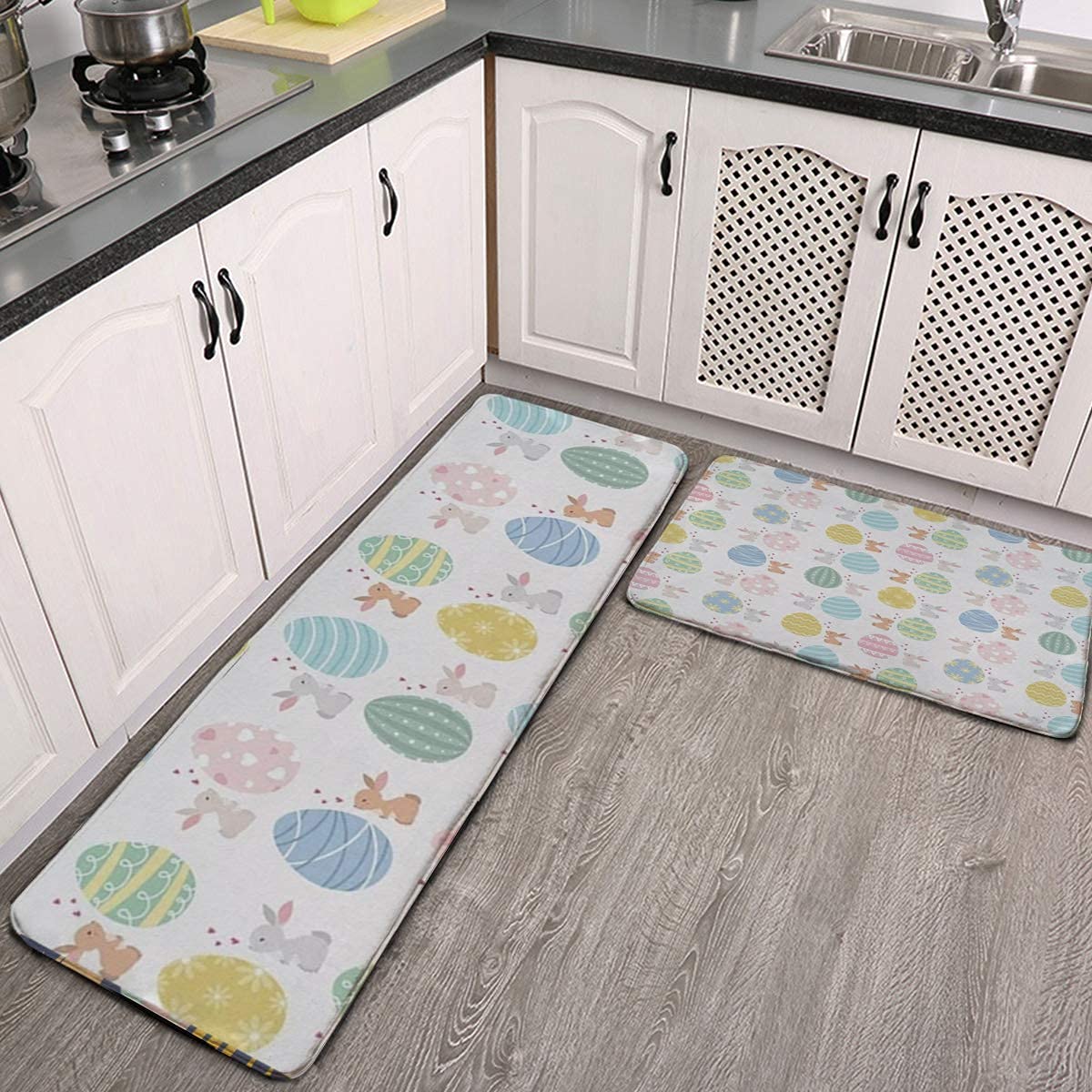 2-Piece Non-Slip Kitchen Rugs Set - Easter Egg & Bunny Heart Pattern Cushioned Anti-Fatigue Mats with Durable Non-Skid Backing - Perfect for Kitchen, Bathroom & Doorway - Home Decor & Comfort