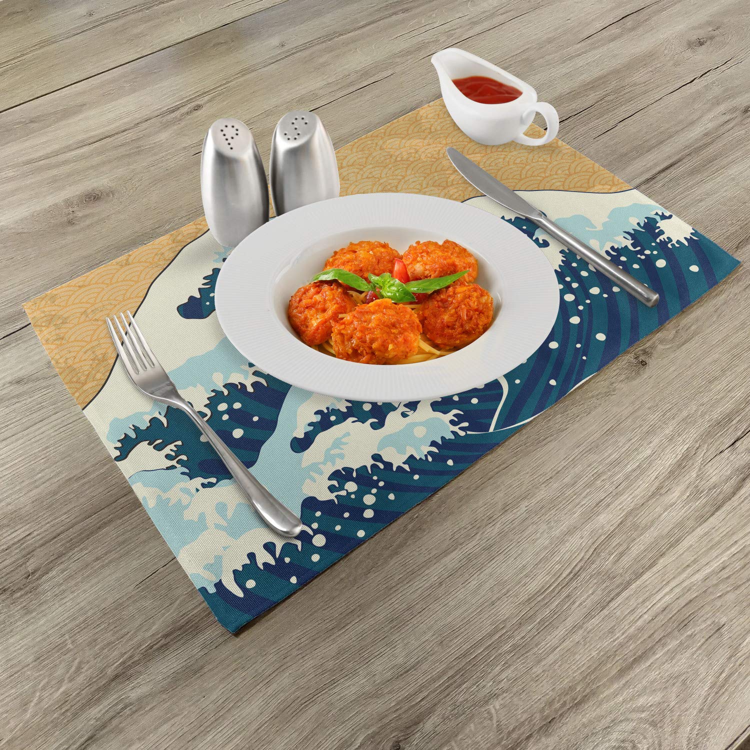 Ambesonne Japanese Wave Place Mats Set of 4 - Traditional Sea Storm Design with Foamy Waves, Washable Fabric Table Mats for Dining Room, Kitchen, or Outdoor Picnic - Standard Size in Yellow & Blue