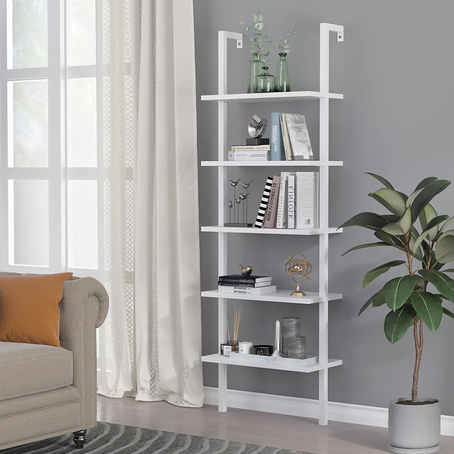 Homsee 5-Tier Wall-Mounted Ladder Bookshelf - 72.5 Inch Industrial Metal Frame Open Display Shelf for Home Office, Living Room & Bedroom Storage - Perfect for Organizing Books, Decor & Essentials (White)