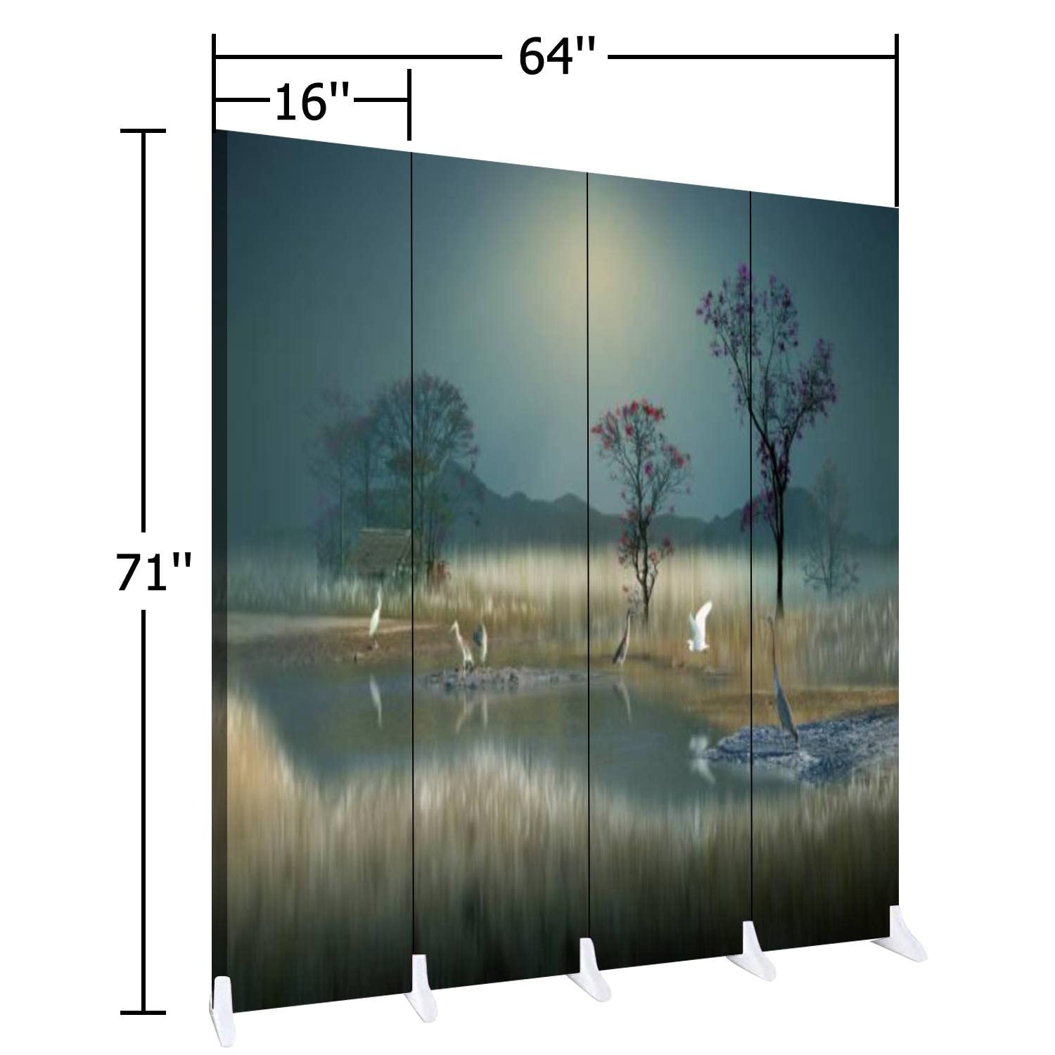 Wooden Room Divider Folding Screen - 4 Panel Canvas Privacy Partition with Dual-Sided Design for Home & Office - Creates Peaceful Atmosphere - Indoor Display Shelves - Multicolor - Perfect for Living Room, Bedroom, Yoga Studio and Meditation Space