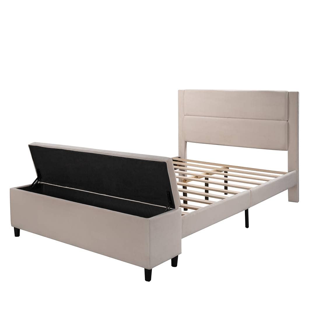 Queen Size Bed Frame with Storage - Wood Platform Bed with Headboard, No Box Spring Needed, Velvet Upholstered Bed Frame in Beige - Perfect for Small Bedrooms, Guest Rooms & Modern Apartments