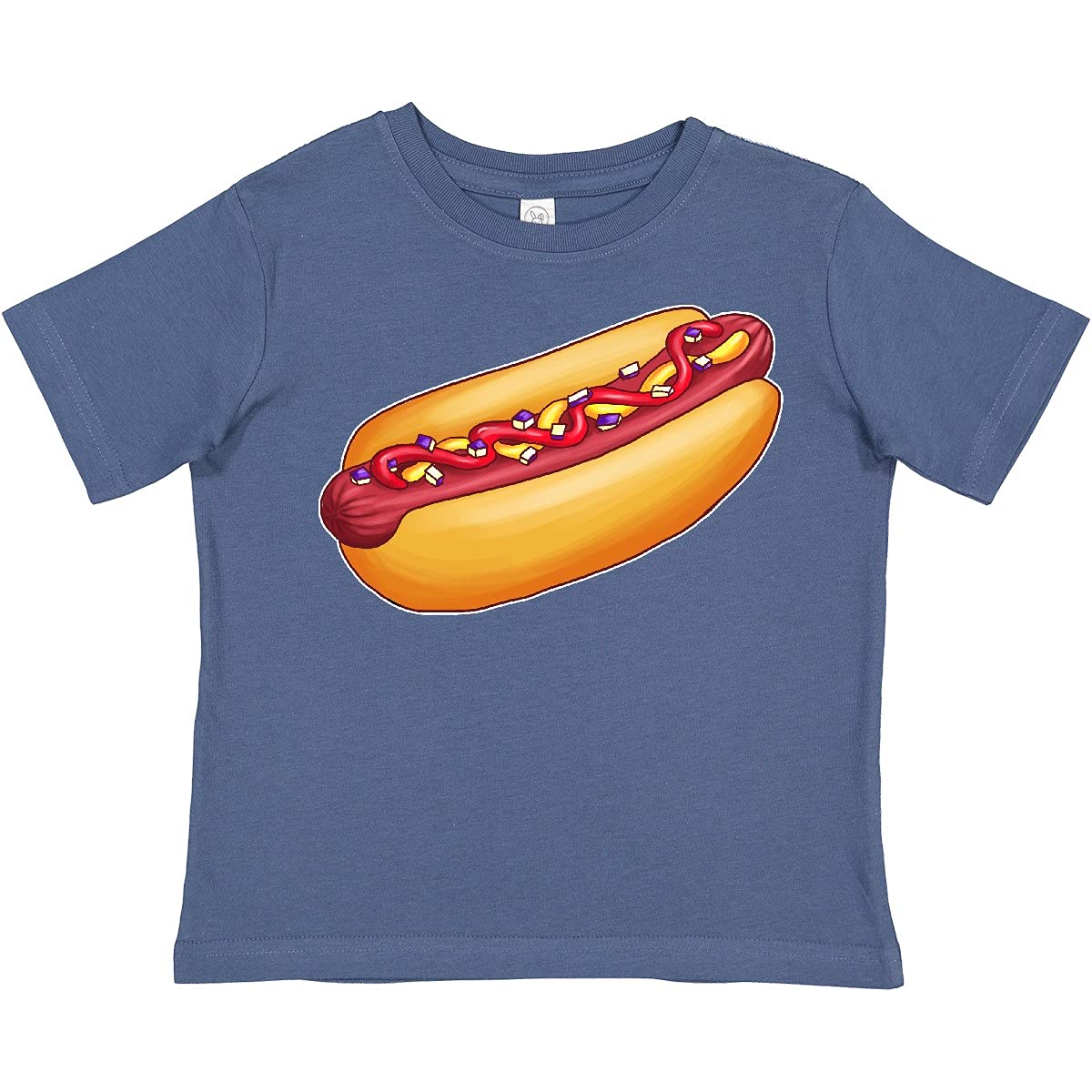 Inktastic Hot Dog Illustration Toddler T-Shirt with Mustard, Onions & Ketchup - Cute Graphic Tee for Kids, Birthday Outfit & Summer Playdates