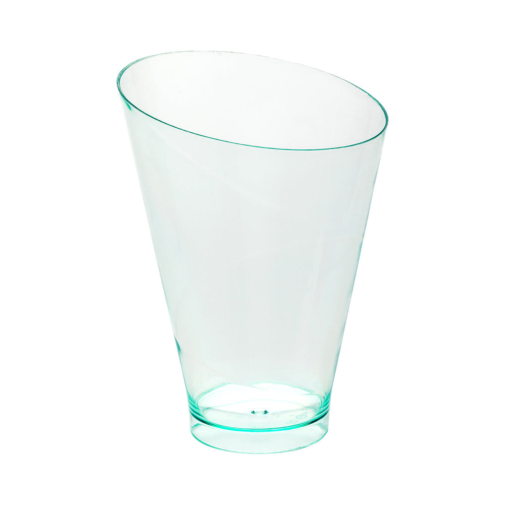 100 Pack 7 oz Round Seagreen Plastic Incline Glasses with 100 Silver Mini Plastic Spoons - Perfect for Cocktail Parties, Weddings & Home Bar Accessories