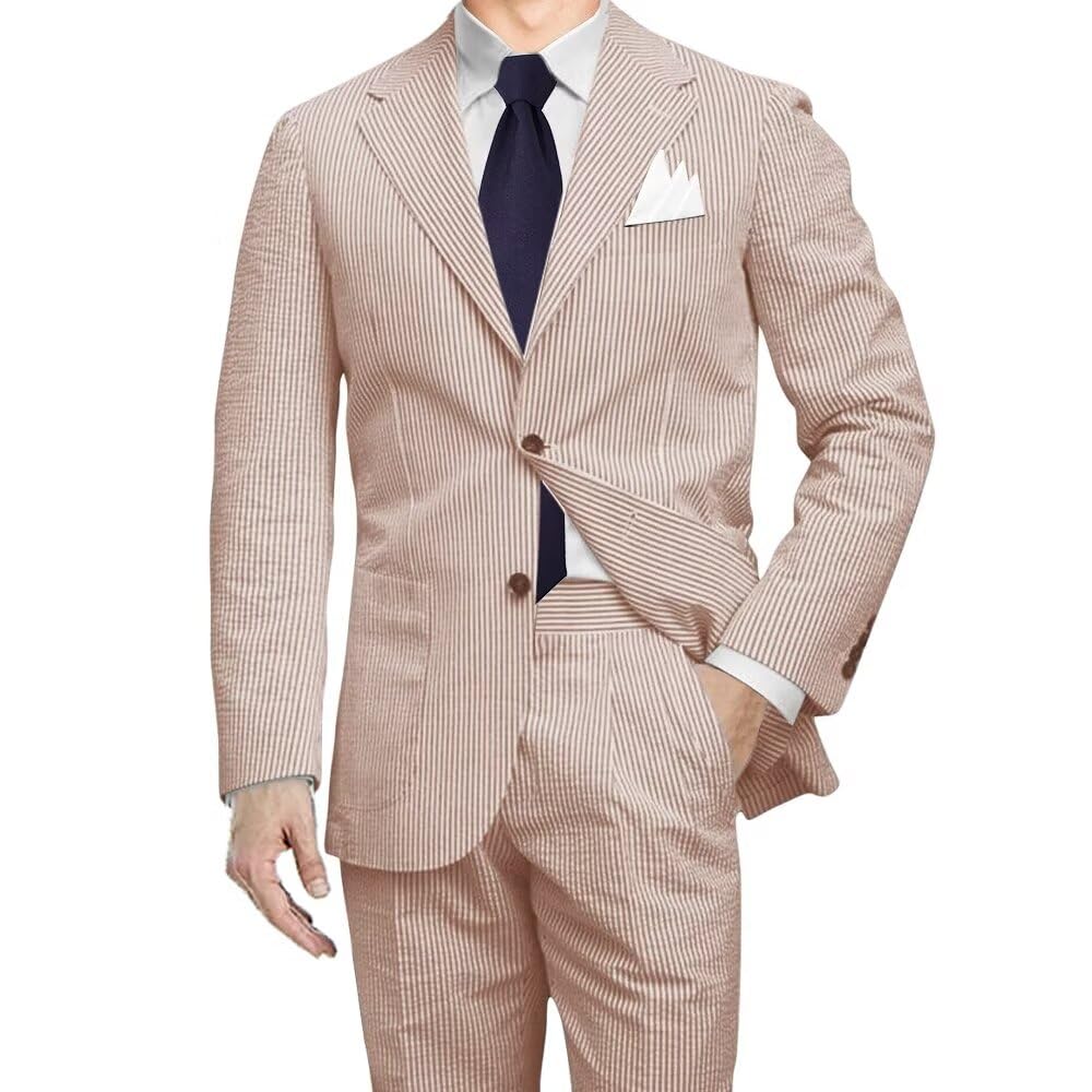 Men's 2-Piece Summer Seersucker Suit - Slim Fit Striped Blazer & Pants Set for Beach Weddings, Grooms, Outdoor Events & Casual Occasions
