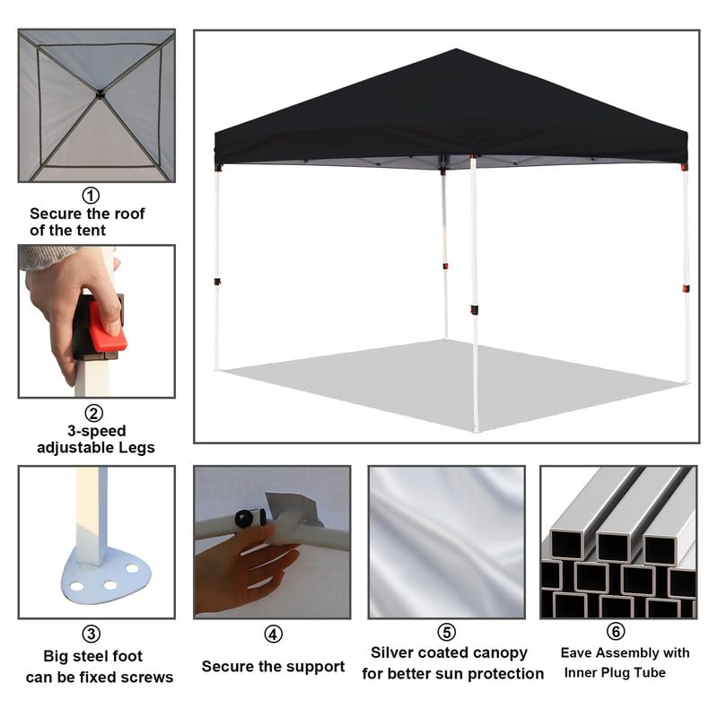 10x10 FT Heavy Duty Canopy Tent - Adjustable Straight Legs, 4 Sandbags, Instant Sun Shade | Folding Pop Up Shelter for Outdoor Parties, Camping, Beach, Garden & Backyard Events (Black)