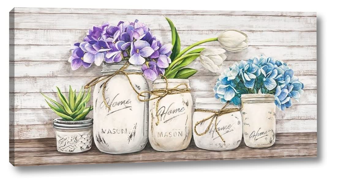 Thomlinson Jenny Hydrangeas in Mason Jars - 15x30 Inch Canvas Wall Art Print, Gallery Wrapped, Ready to Hang - Perfect for Living Room, Bedroom, and Home Decor