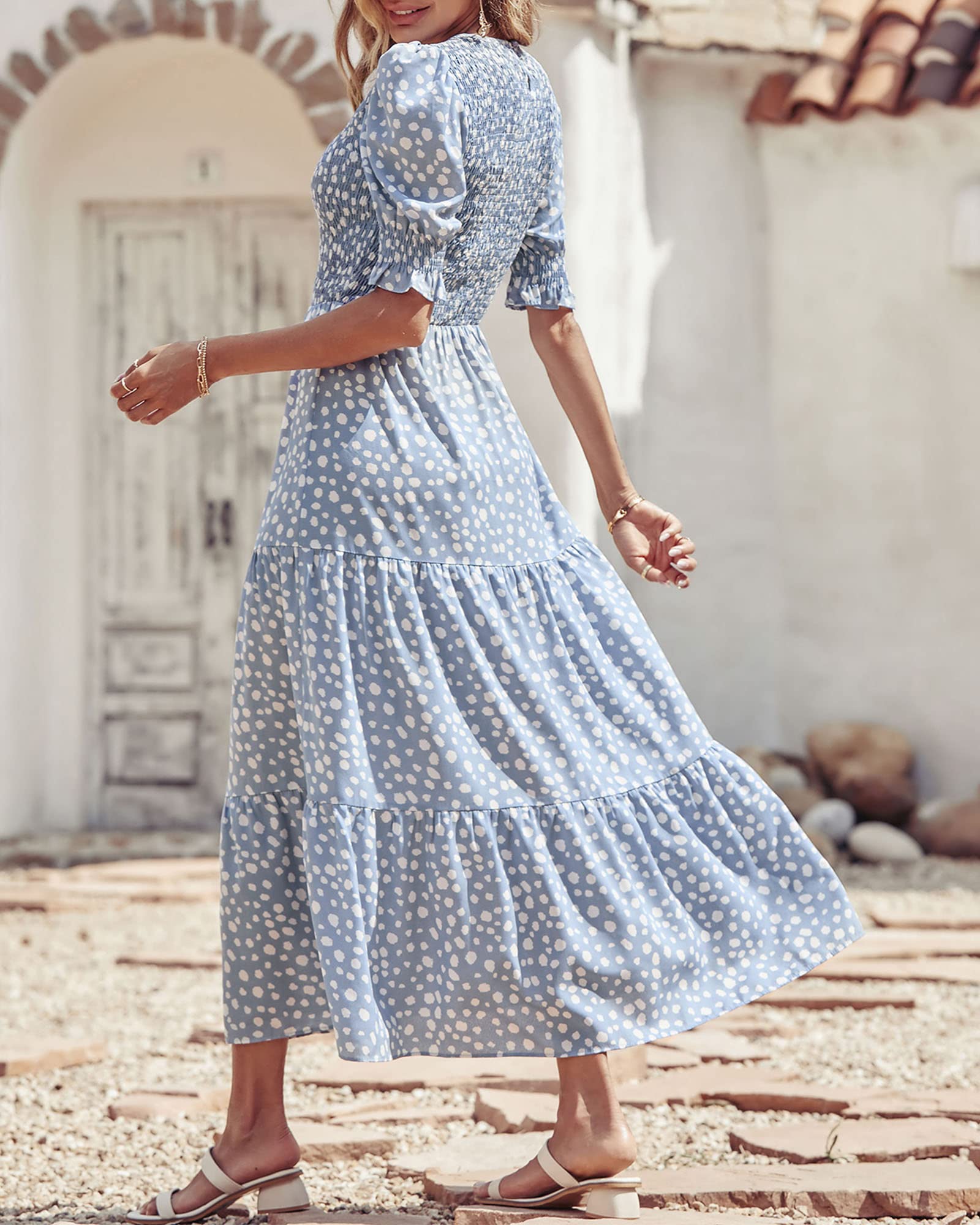 BTFBM Women's Casual Summer Floral Print Boho Maxi Dress - Crew Neck, Ruffle Short Sleeve, Smocked Waist, Flowy Design for Spring/Summer 2025 | Perfect for Beach Vacations, Date Nights & Boho Fashion Lovers