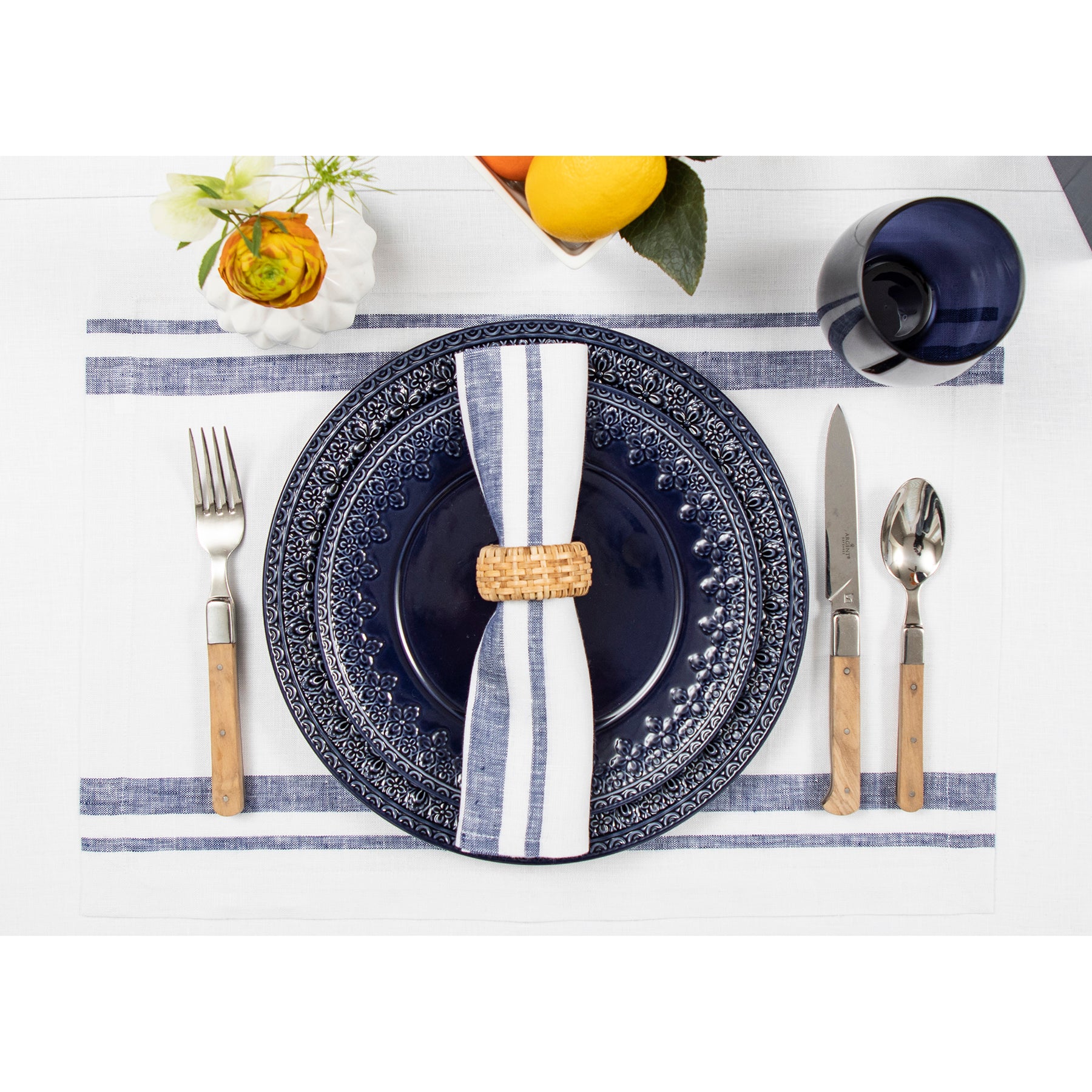 French Striped Placemats Set of 6 - Waterproof Woven Table Mats for Dining & Kitchen Decor - Perfect for Dinner Parties, Holiday Tablescapes & Home Styling