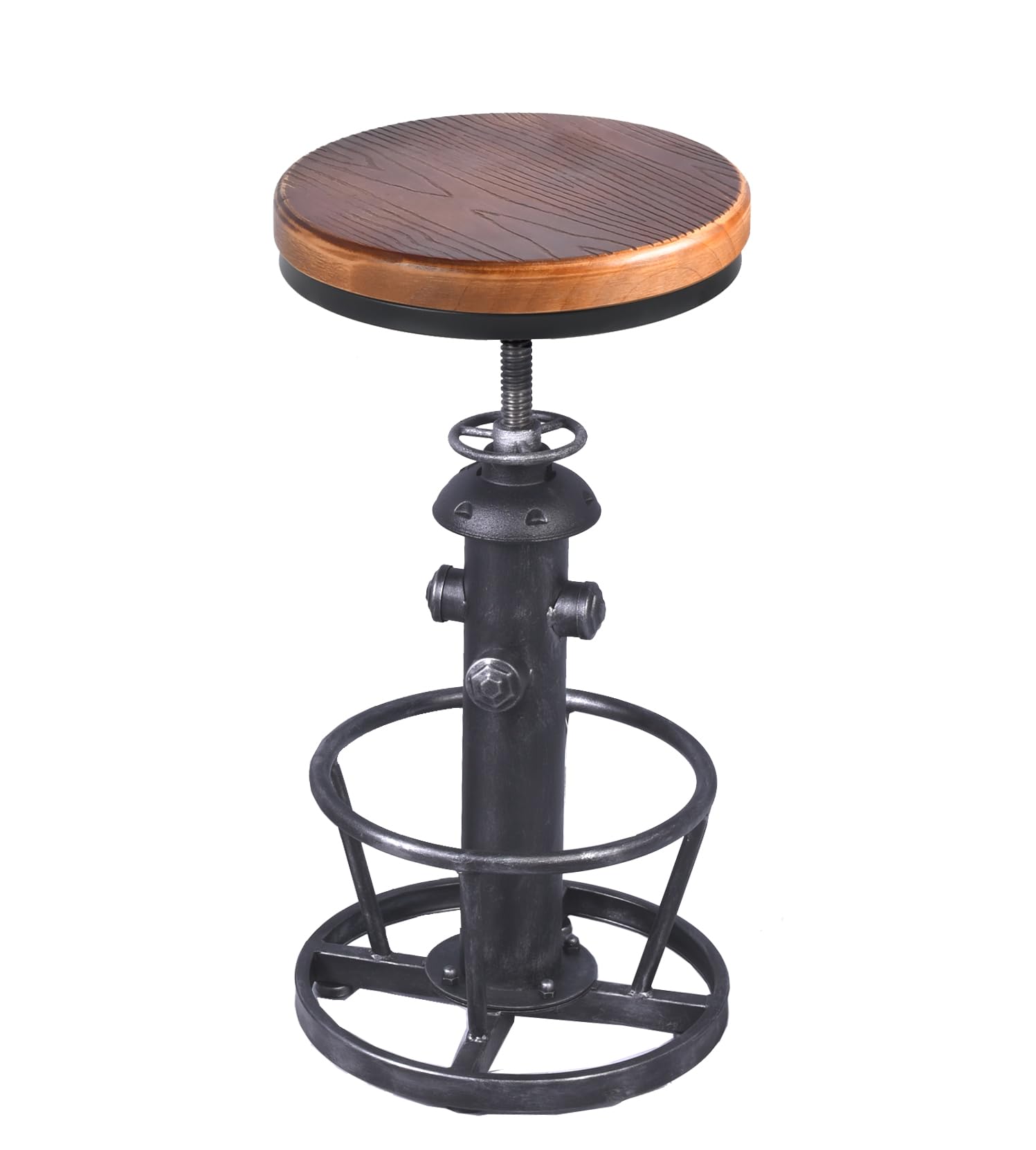 Vintage Industrial Adjustable Height Bar Stool - Antique Round Bottom Cafe Pub Kitchen Stool with Water Pipe Design (Silver Frame, Wooden Top) - Perfect for Coffee Shops, Restaurants & Home Bars