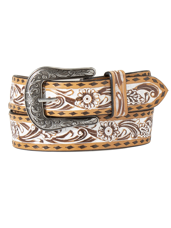 Angel Ranch D140006008 Women's Hand-Tooled Floral Leather Belt - White & Tan Stain - Western Style Accessory for Casual Outfits & Country Events