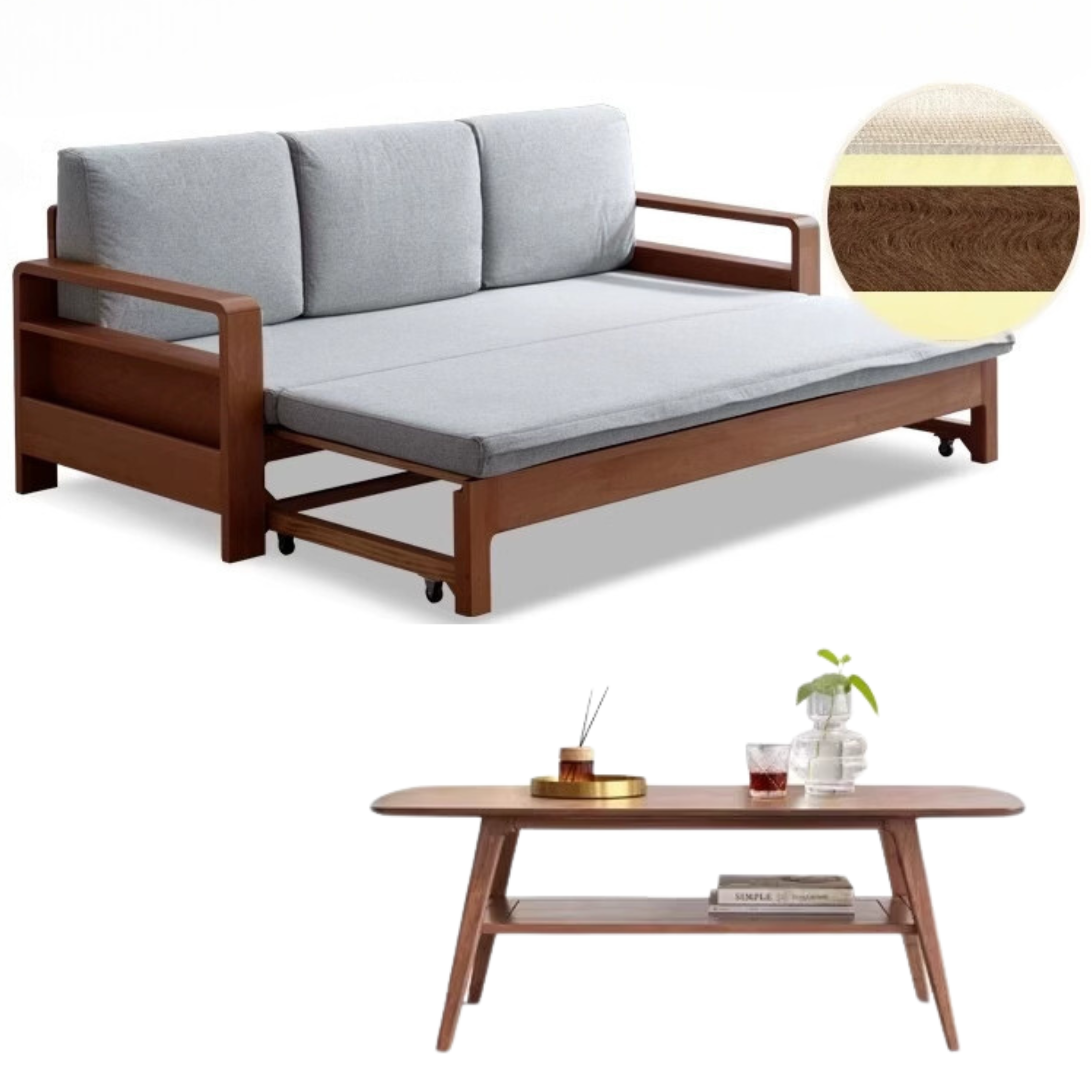 83.5x31.1-55.7x26.8 inch / 212x79-141.5x68сm / Oak walnut - matte gray coconut palm cushion + 1.2 meter coffee table