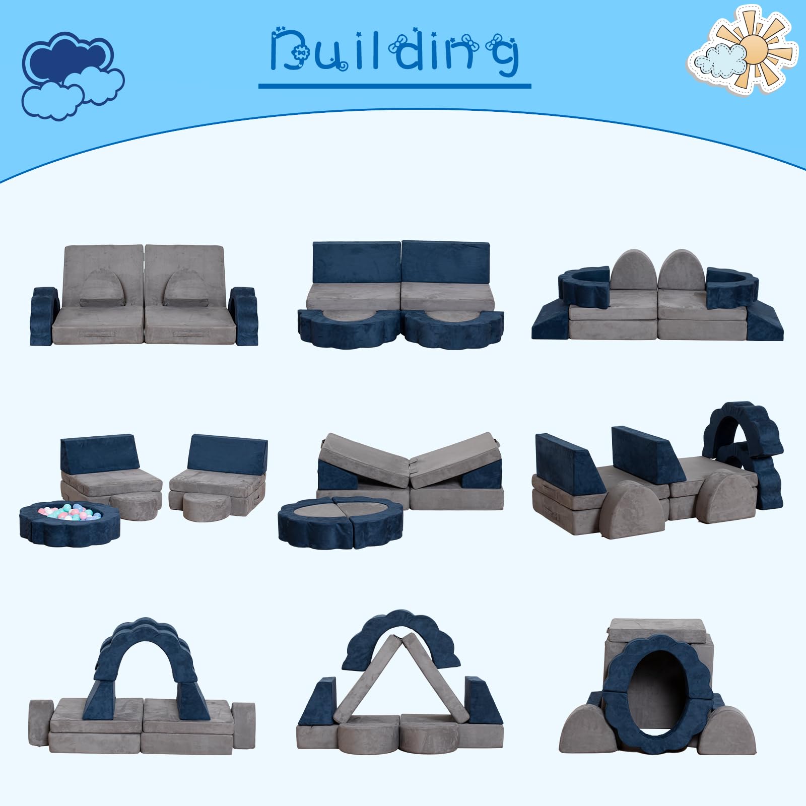 **10-Piece Modular Kids Play Couch - Foldable Toddler Foam Sofa with Flower-Shaped Climbing Blocks | Convertible Playroom & Bedroom Furniture for Creative Boys & Girls | Perfect for Indoor Play, Climbing, and Imaginative Fun**
