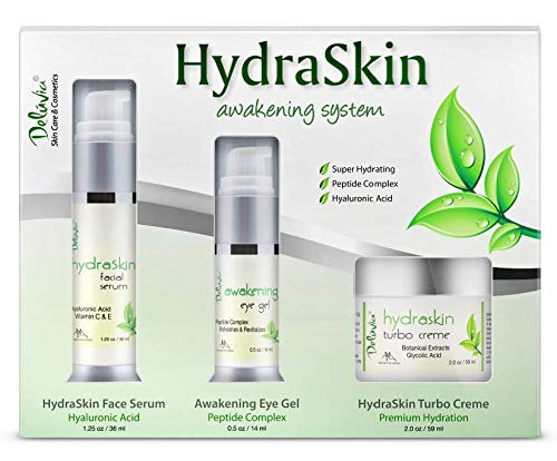 Deluvia HydraSkin Awakening System - Anti-Aging Skincare Set with Hyaluronic Acid, Vitamin C Serum & Night Cream | Organic Aloe Vera, Vitamin E & Essential Oils | Perfect for Dry Skin, Wrinkles & Dark Circles | Daily Facial Care Routine for Glowing Skin