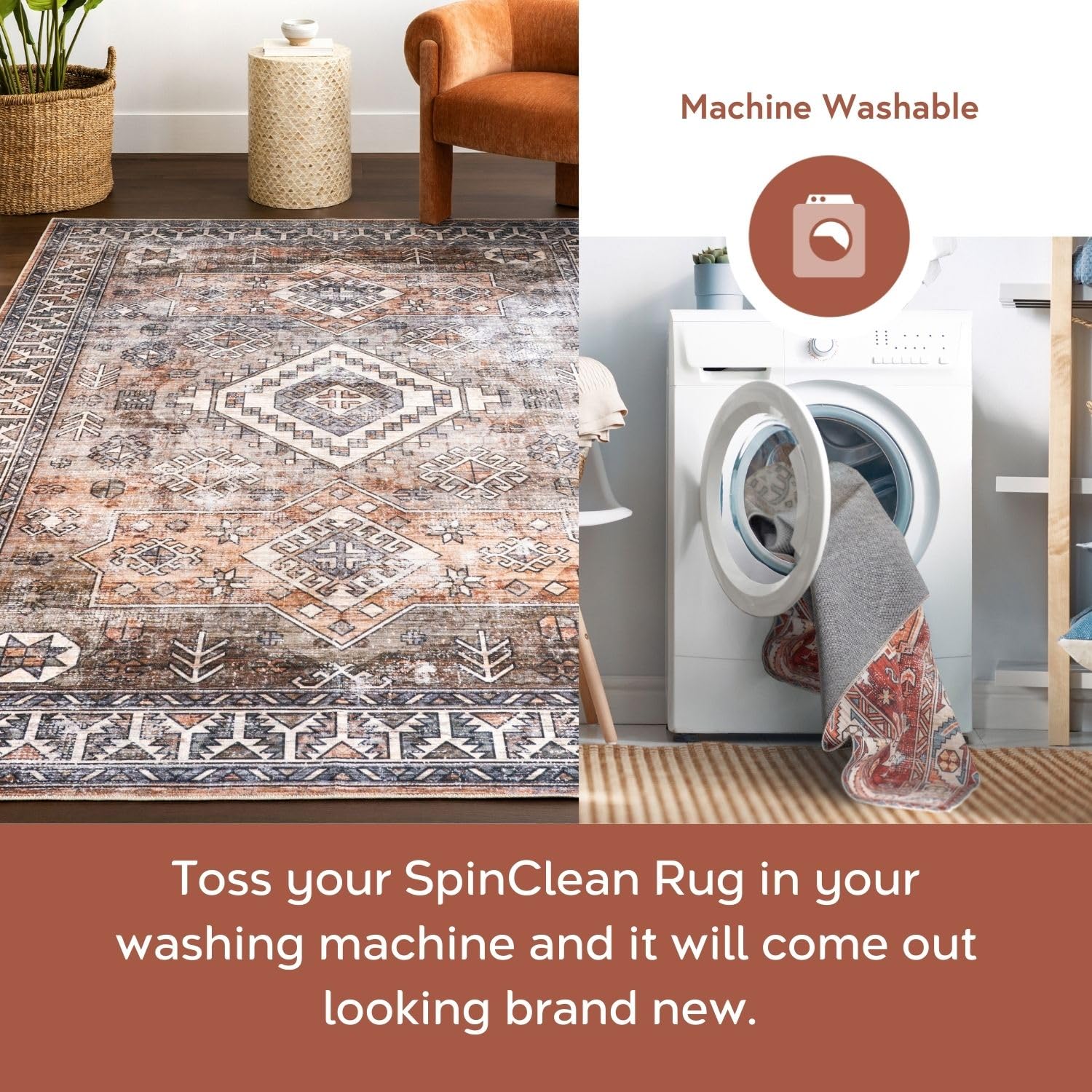 nuLOOM 6' x 9' Machine Washable Stain-Resistant Area Rug with Non-Slip Backing - Low Profile Modern Design for Living Room, Bedroom & Dining Room - Bowie Rust Color - Perfect for High Traffic Areas & Pet-Friendly Homes
