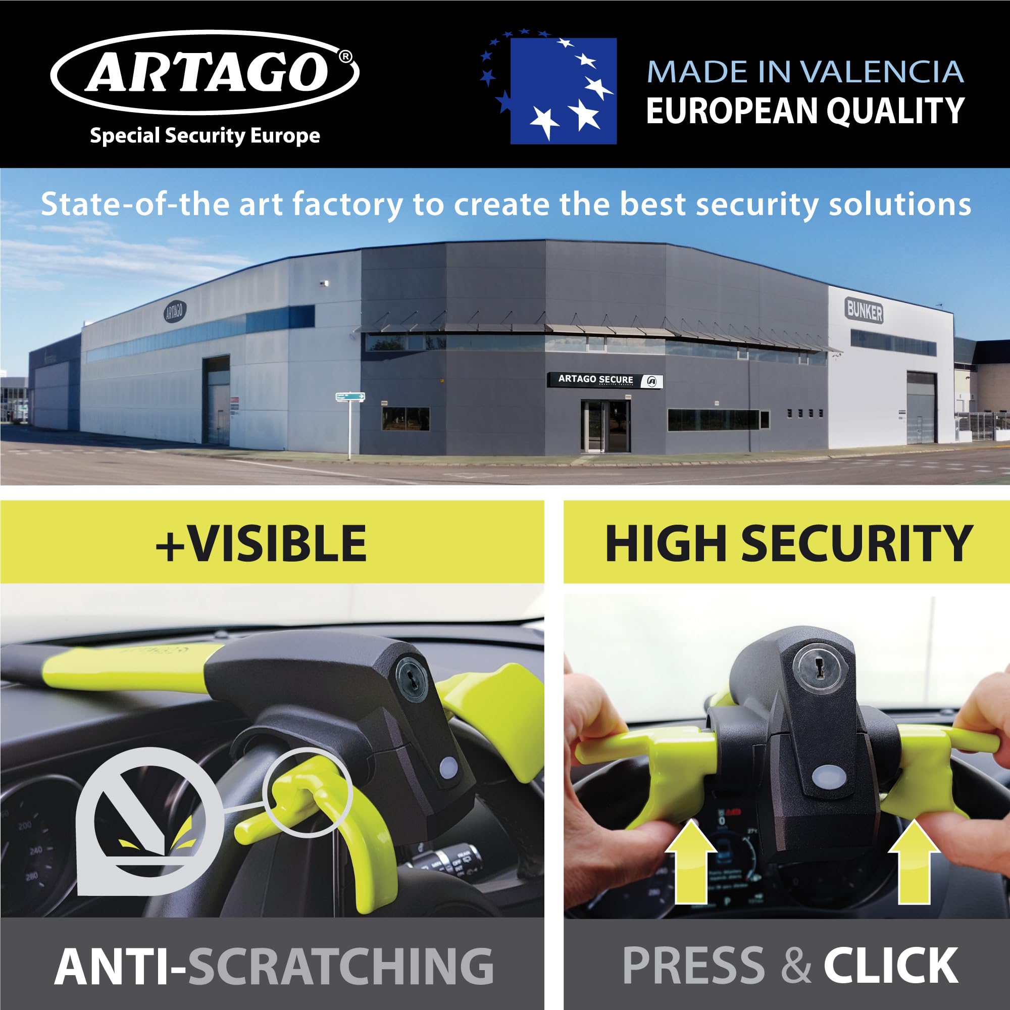 ARTAGO 870 Premium 2-in-1 Steering Wheel Lock with 120dB Alarm - Universal Anti-Theft Security Device for Cars, Trucks, Vans & Campers | Visible Deterrent with 'Don't Touch' Warning | Perfect for Parking Security & Vehicle Protection
