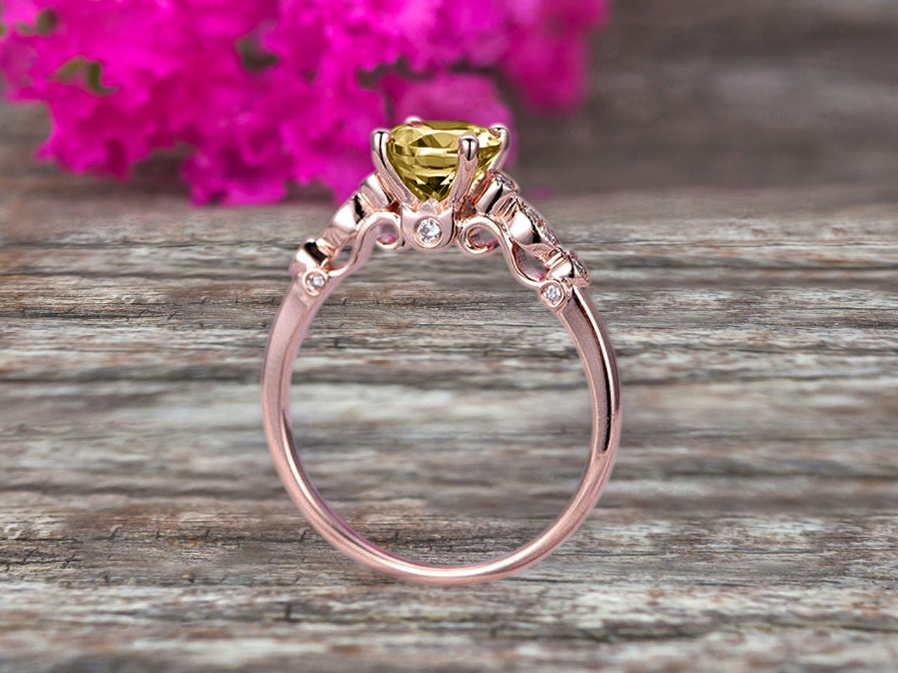 1.25 Carat Round Cut Brilliant Champagne Diamond Moissanite Engagement Ring in 10k Rose Gold with Milgrain Detailing - Perfect for Proposals, Weddings & Anniversary Gifts