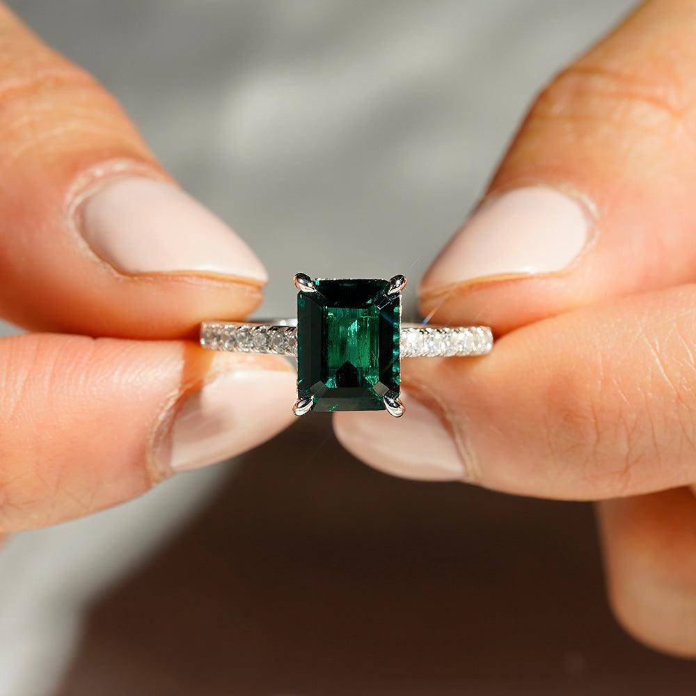 3 CT. Lab Grown Emerald Engagement Ring with Side Stones & Hidden Halo - Perfect for Proposals, Anniversaries & Special Occasions