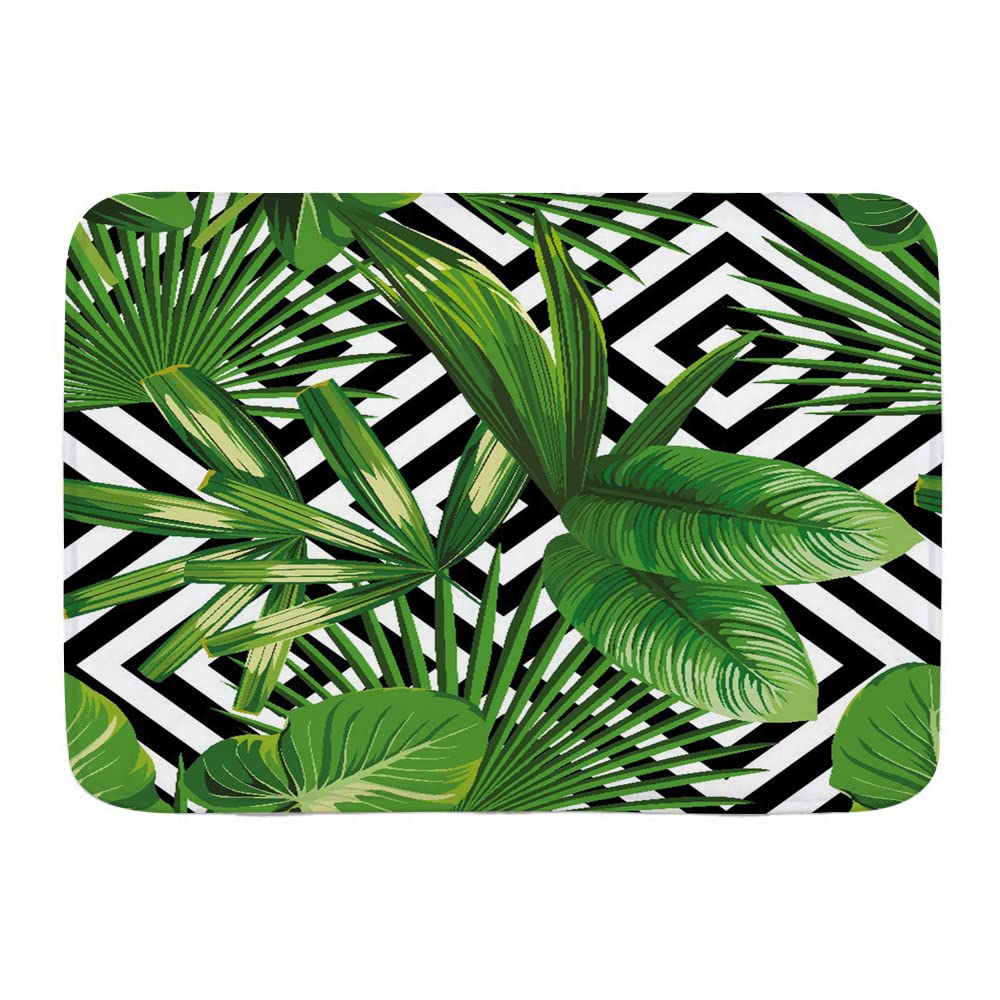 Non-Slip Decorative Bath Mat - Black White Green Palm Tree Summer Design, Soft Bathroom Rug & Doormat for Kitchen, Bedroom, Front Door (29.5x17.7 Inches) - Perfect for Indoor/Outdoor Use, Beach & Tropical Home Decor