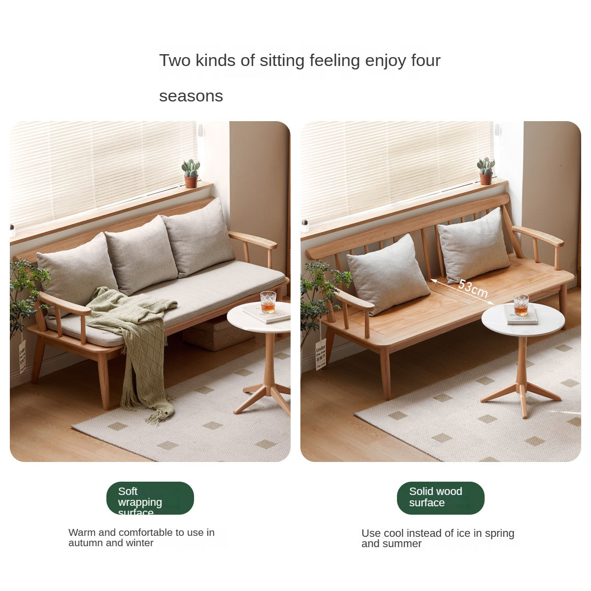 Premium Oak Solid Wood Windsor Sofa - All-Season Comfort for Living Room, Bedroom & Office - Winter & Summer Dual Use Design for Year-Round Relaxation
