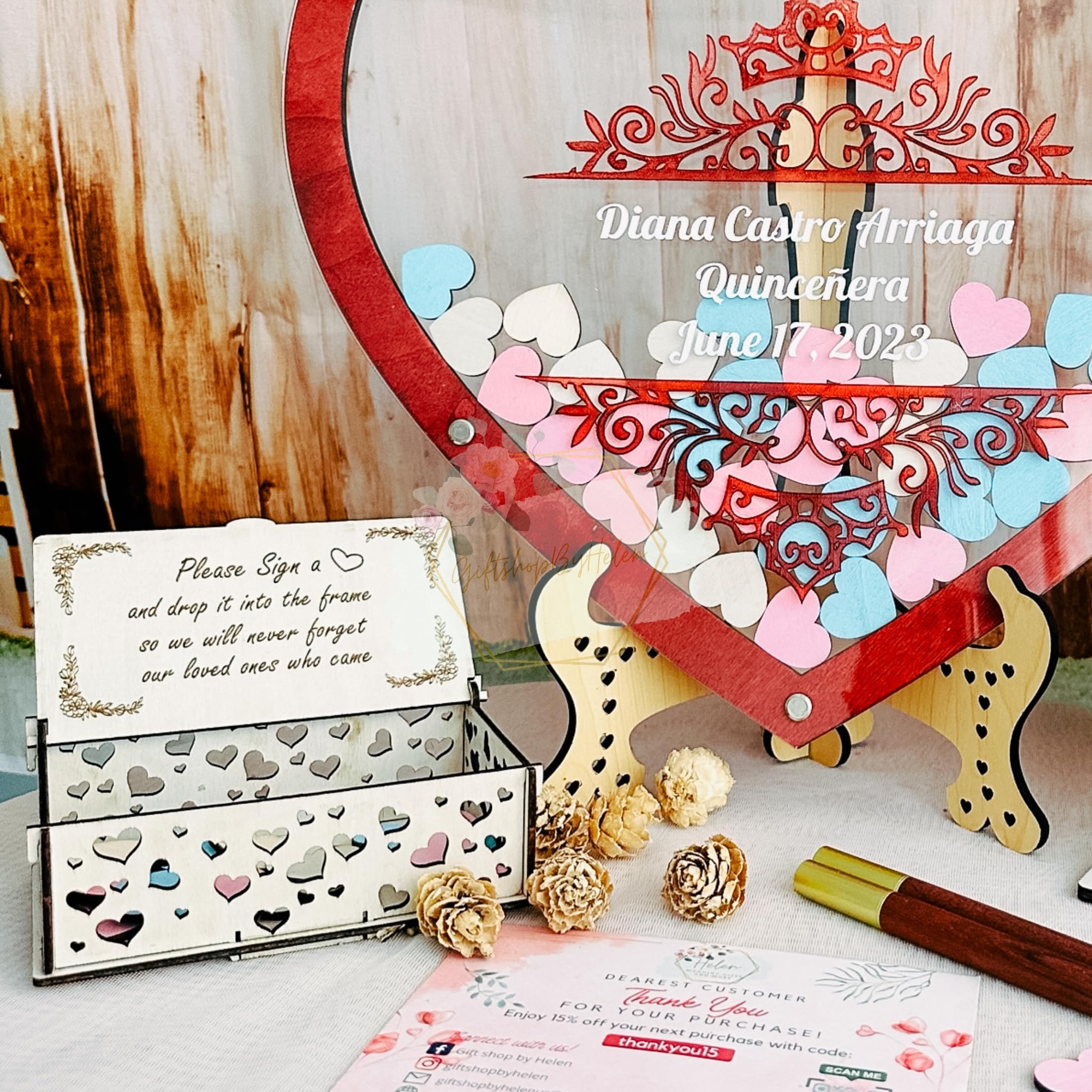 Personalized Sweet 16 & Quinceañera Wooden Heart Guest Book Alternative with Dropbox - Unique Keepsake for Birthday Party Decorations & Wedding Guest Signing - Perfect for Sweet 16, Quinceañera, Anniversary & Bridal Shower Decor