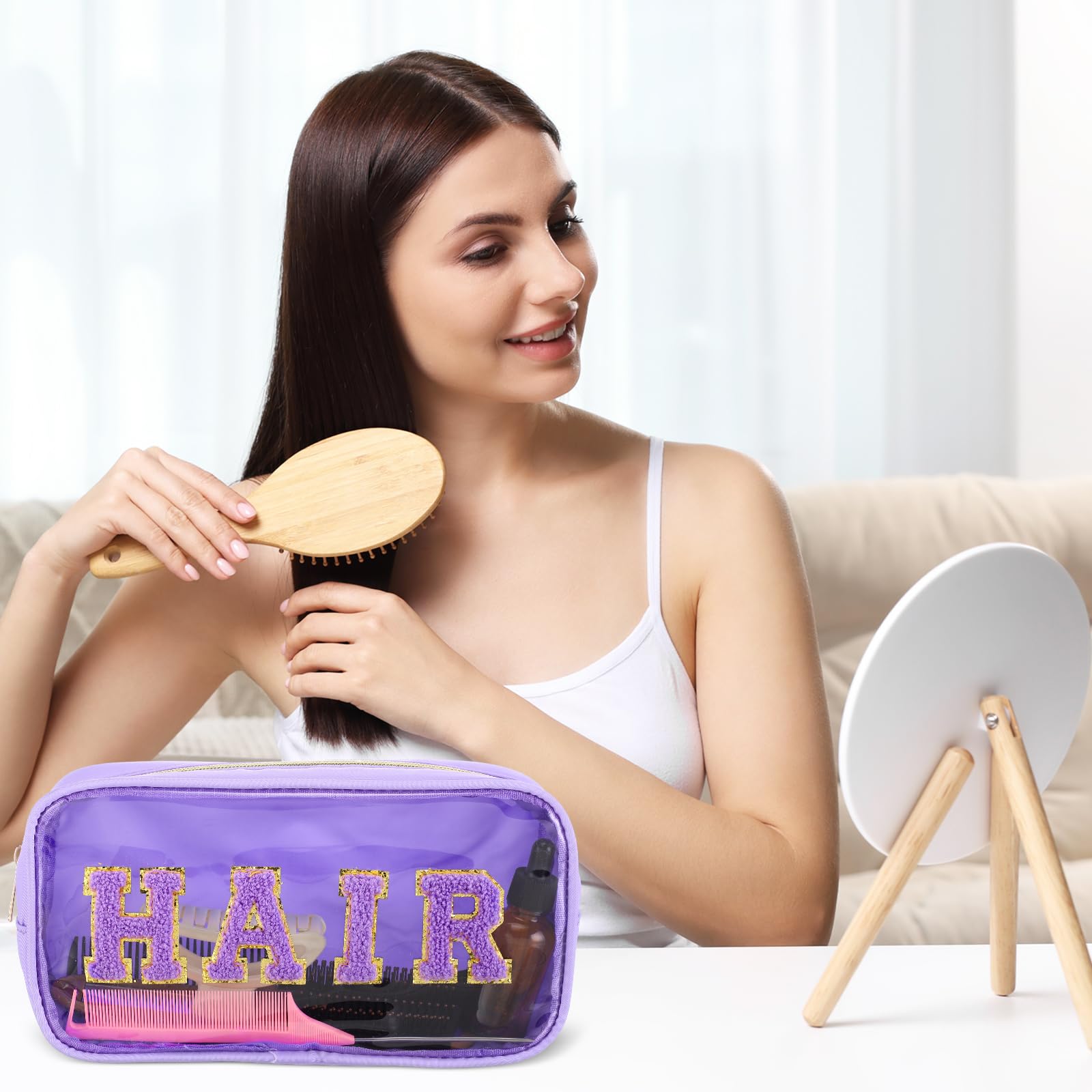 Hillban 4-Piece Chenille Letter Cosmetic Bag Set - Waterproof Nylon PVC Makeup Pouch, Travel Toiletry Organizer for Women - Perfect for Gym, Beach, Vacation & Daily Use (Light Colors)