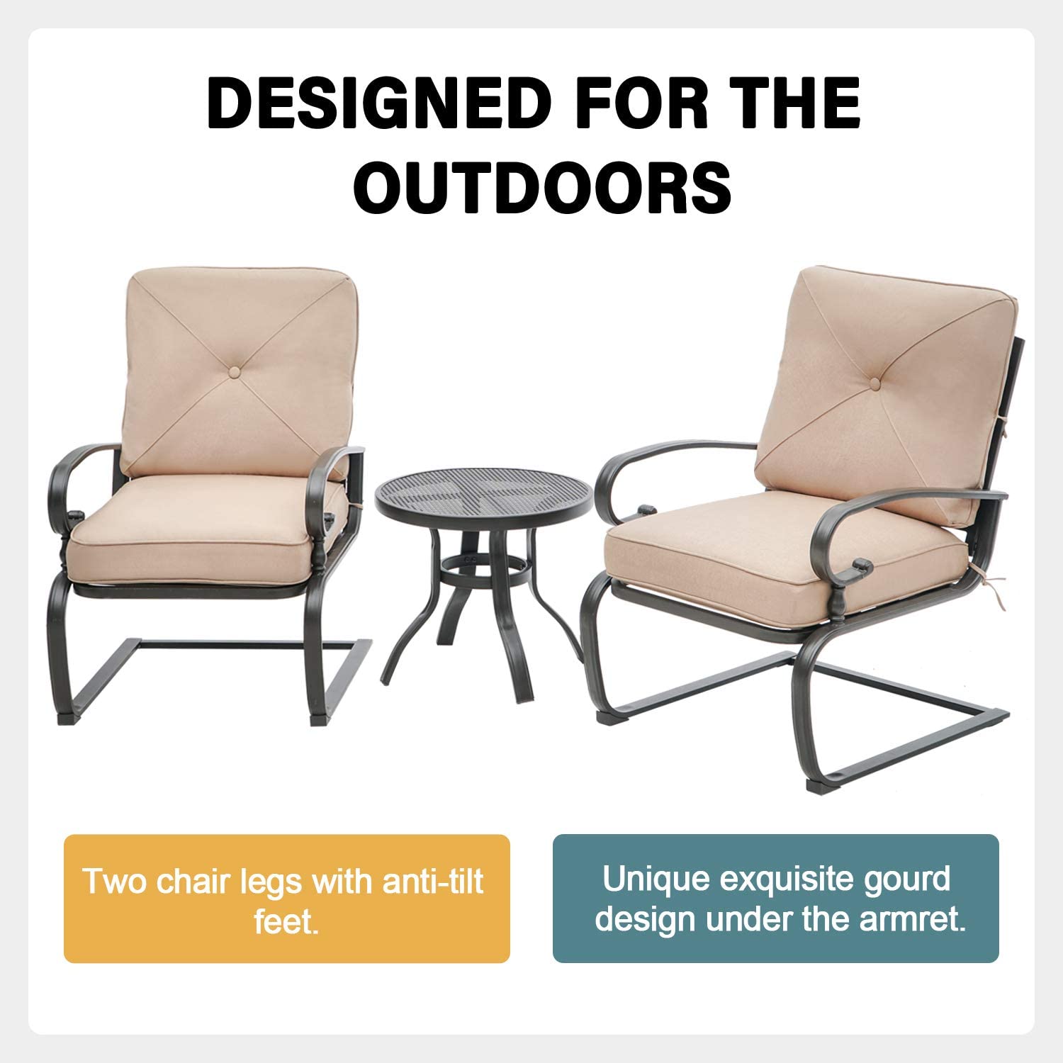 SUNCROWN 3-Piece Outdoor Patio Bistro Set with Spring Motion Chairs & Round Cafe Table - Steel Frame Conversation Furniture with Cushions (Brown) - Perfect for Garden, Balcony, and Backyard Relaxation
