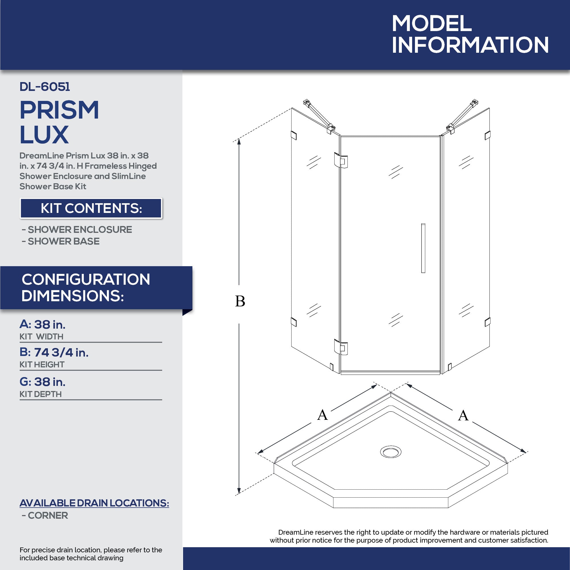DreamLine Prism Lux 38x38x74.75 Inch Frameless Hinged Shower Enclosure with SlimLine Base Kit - Modern Bathroom Upgrade for Small Spaces & Luxury Homes