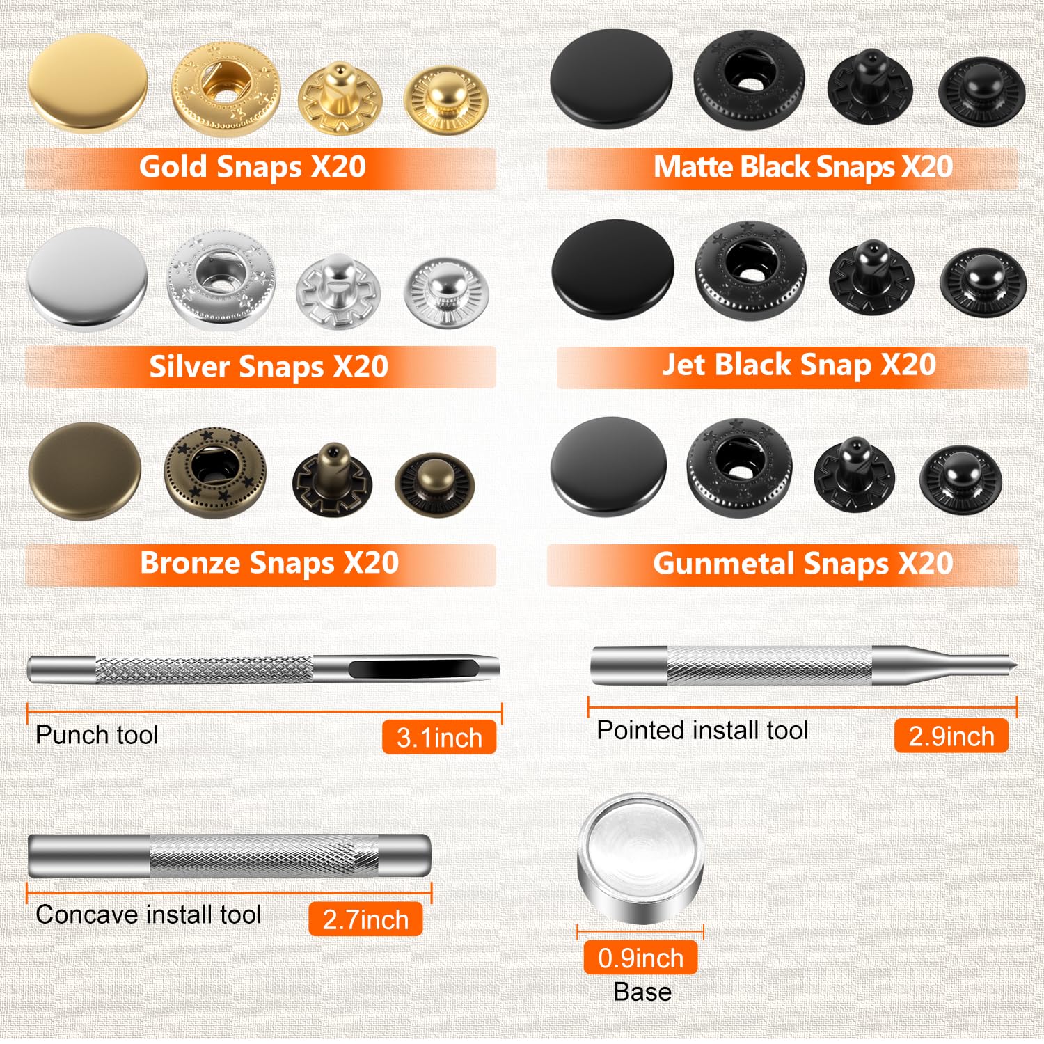 Alritz 120-Piece Leather Snap Fasteners Kit - 12.5mm Metal Button Snaps with 4 Setting Tools - 6 Color Options for DIY Clothing, Jackets, Jeans, Bracelets & Bags - Perfect for Crafting, Sewing & Leatherworking Projects