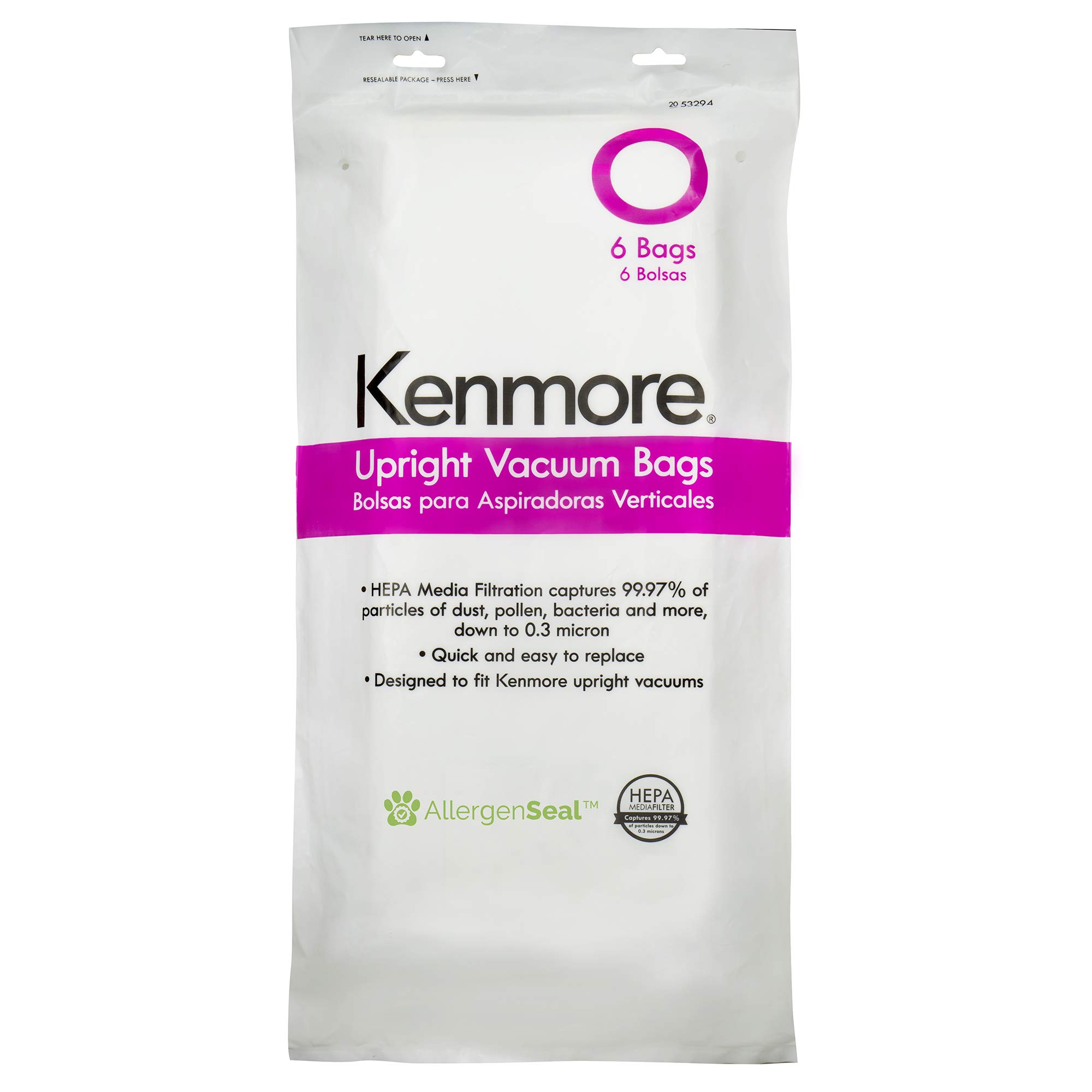 Kenmore 53294 HEPA Vacuum Bags 6-Pack - Compatible with Kenmore Upright Vacuum Cleaners, White - Perfect for Allergy Sufferers & Pet Hair Removal