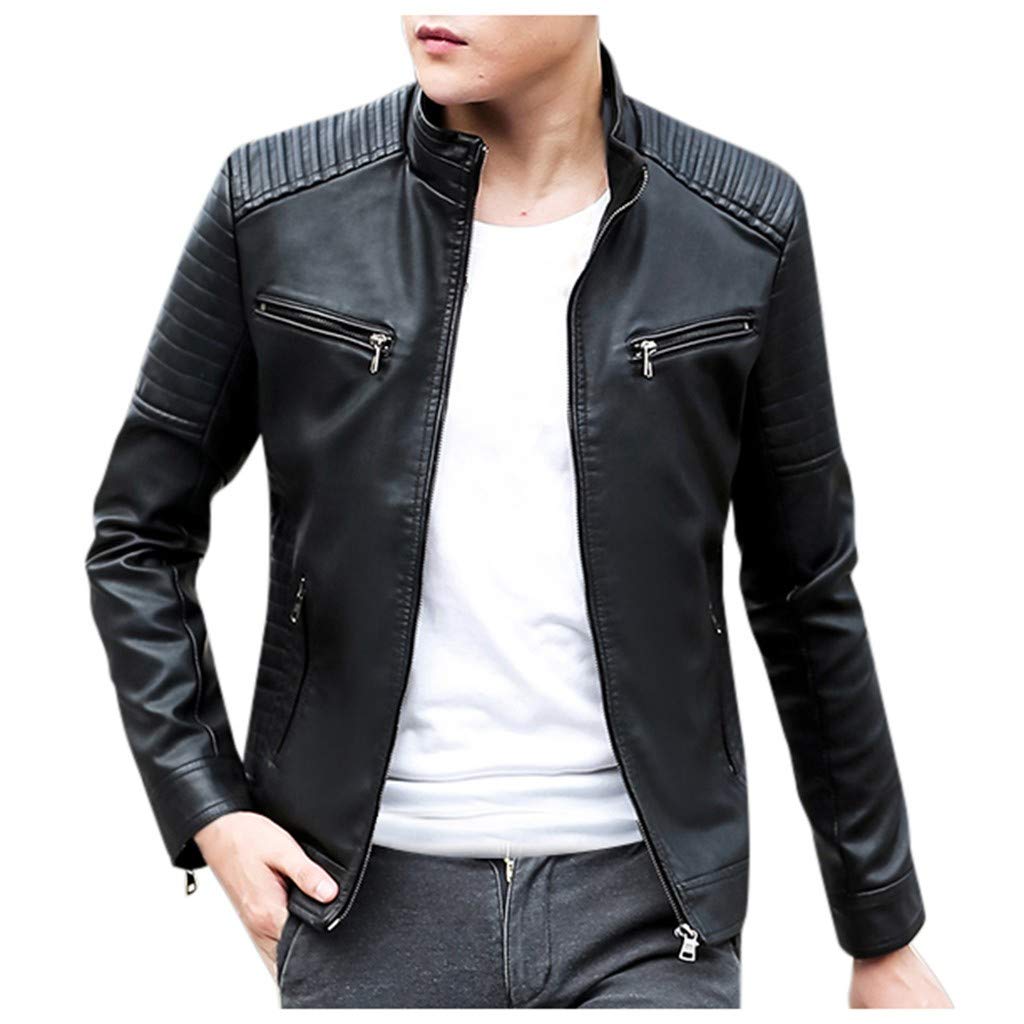 Men's Black Leather Biker Jacket - Winter Motorcycle Coat with Zipper & Long Sleeves | Stylish Outerwear for Riding, Casual Wear & Night Out