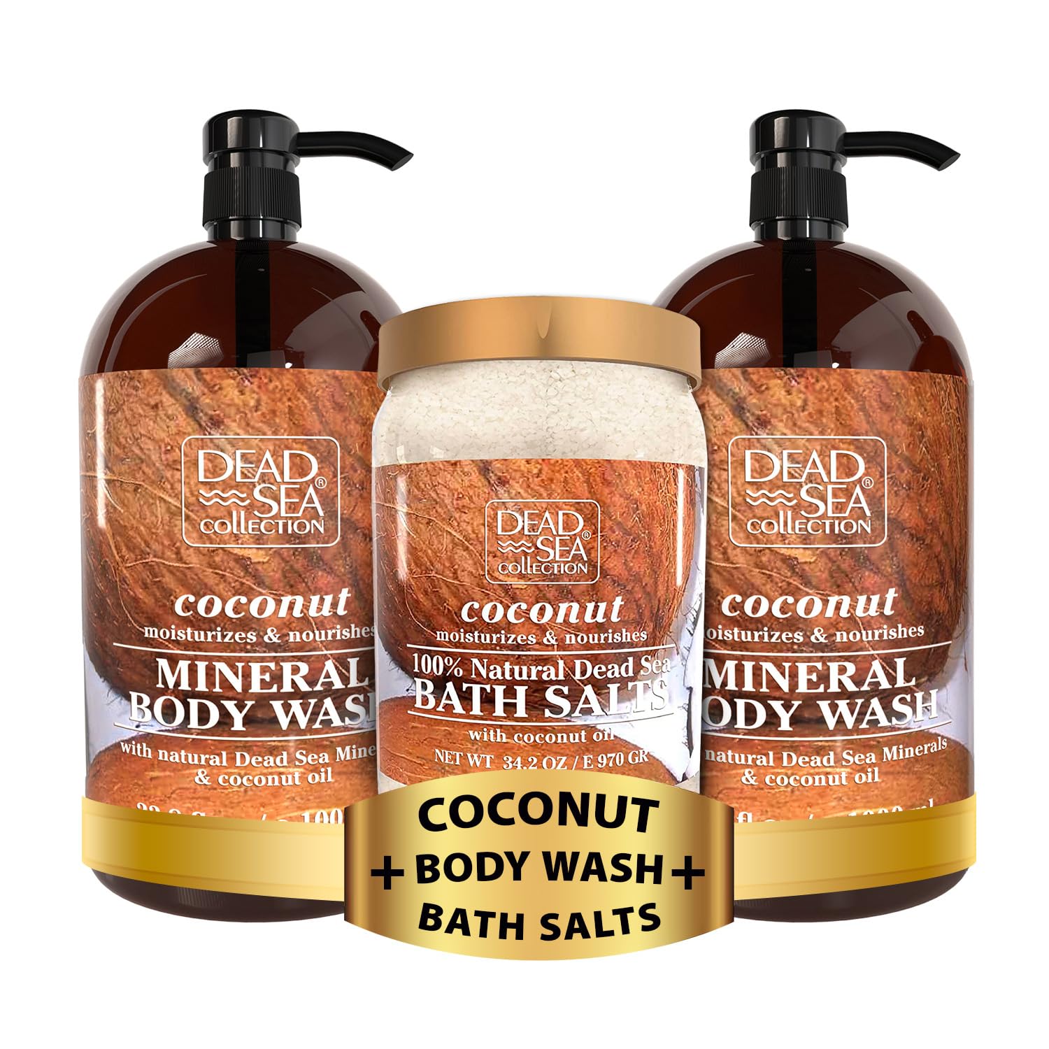 Dead Sea Coconut Body Wash & Bath Salts Gift Set - 2 Pack (67.6 fl oz) + 34.2 oz Bath Salts - Moisturizing & Relaxing Spa Bundle for Dry Skin Care & Stress Relief at Home