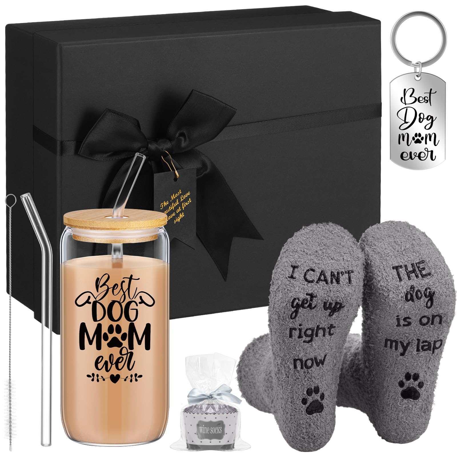 Best Dog Mom Gifts for Women - 16oz Glass Tumbler with Straw & Lid, Dog Socks & Keychain Gift Set - Perfect for Dog Lovers, Veterinarians, Birthday & Mother's Day Presents (Black) - Ideal for Coffee, Tea & Daily Use at Home or Office