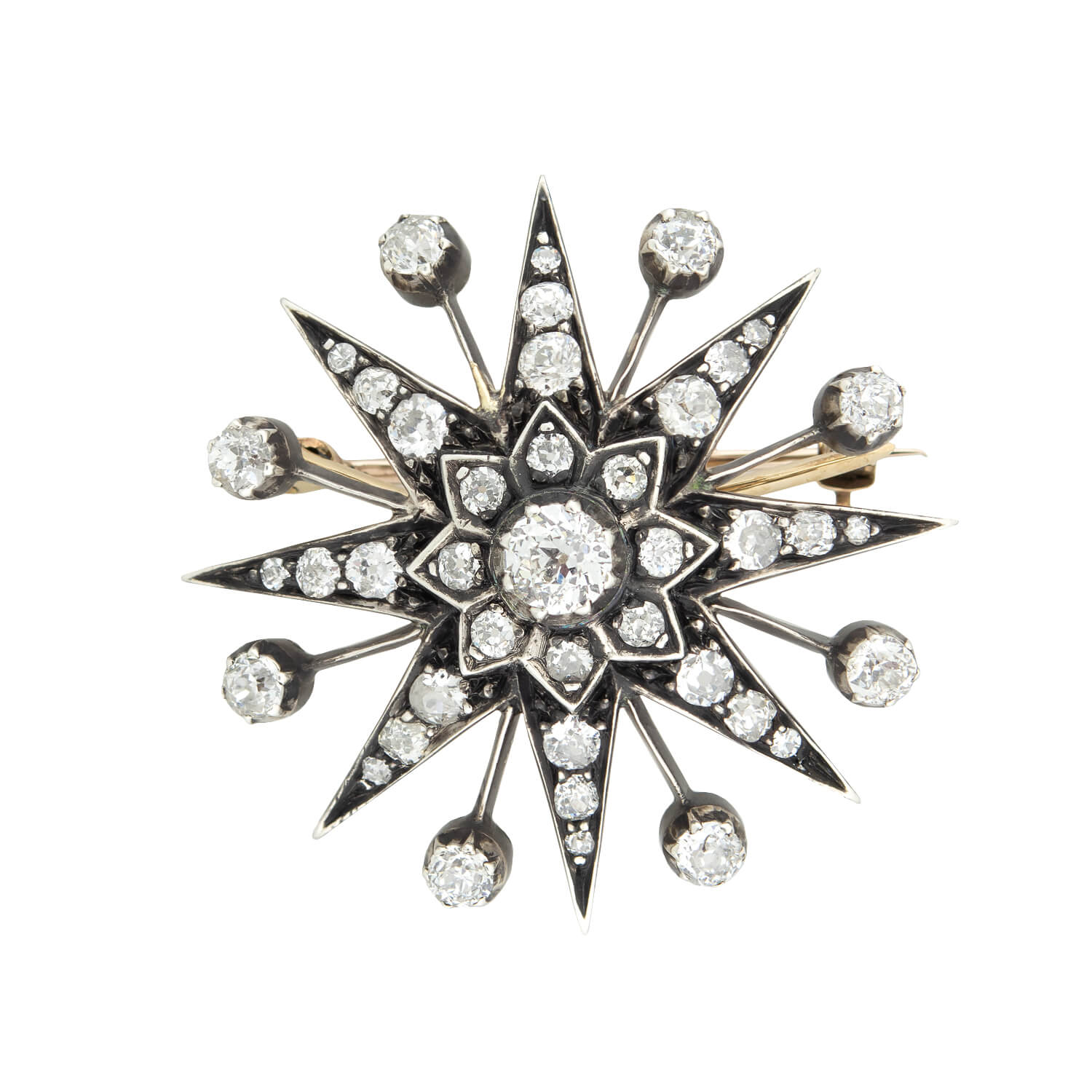 Victorian 15kt Gold & Sterling Silver Diamond Starburst Pin/Pendant - 3.0ctw Vintage Jewelry for Women - Perfect for Weddings, Parties & Special Occasions