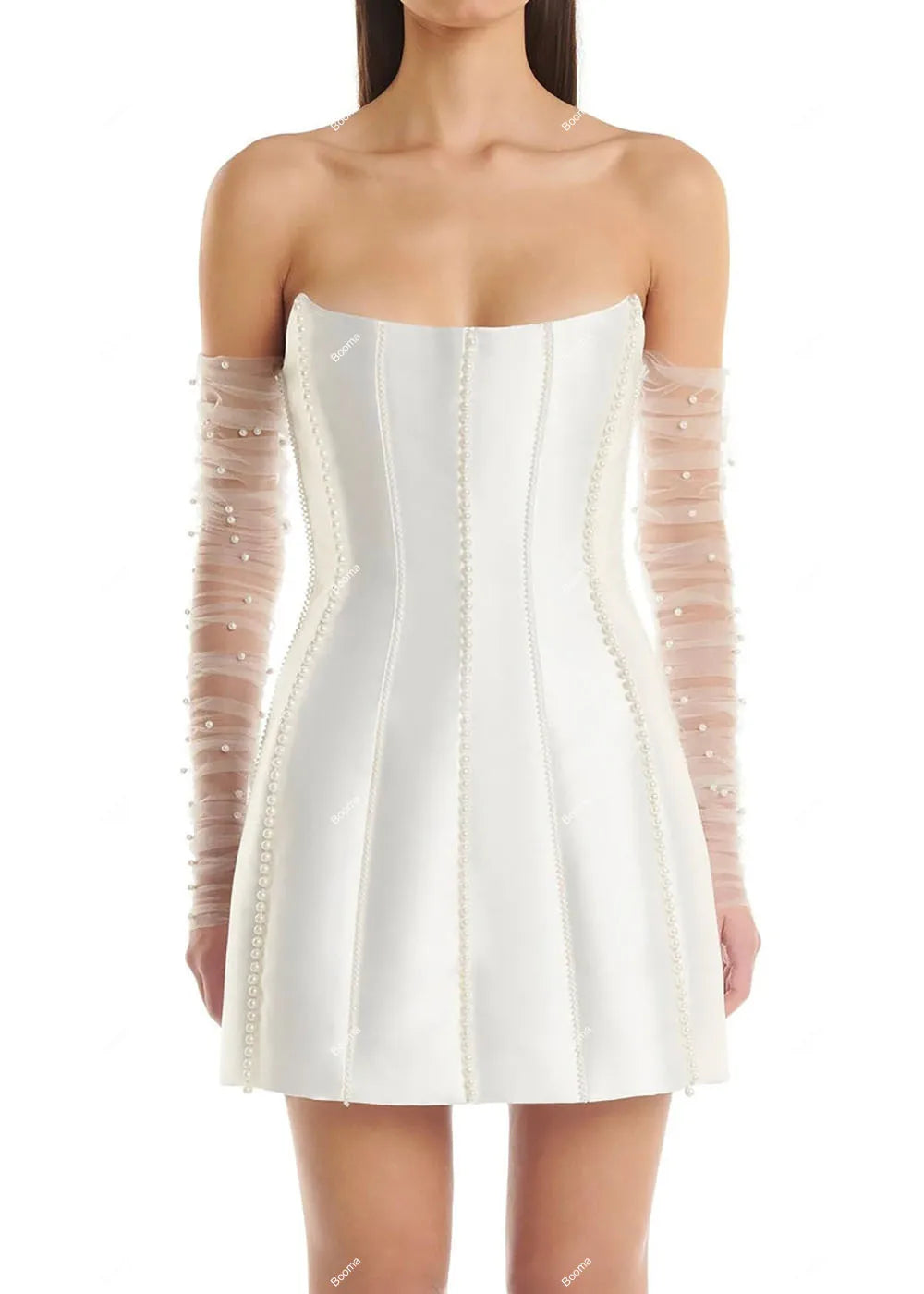 Strapless Mini Wedding Dress with Pearls & Boning - Elegant Bridal Gown for Brides, Evening Parties & Special Occasions | Perfect for Weddings, Proms, Cocktail Events & Formal Dinners