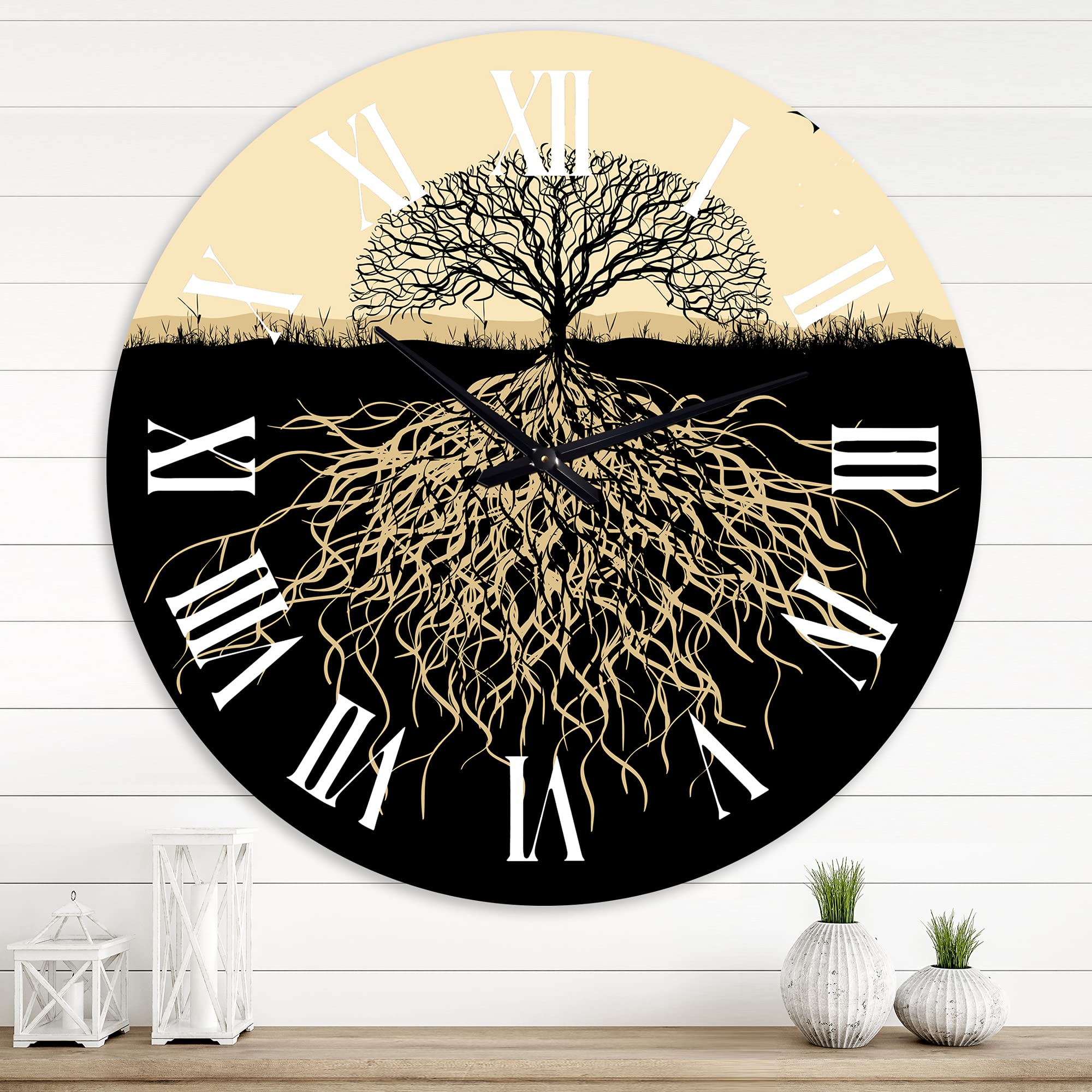 Tree Silhouette with Roots Wall Clock - Large Traditional Wooden Wall Clock for Home & Office Decor - Perfect for Living Room, Bedroom, Kitchen & Office Spaces