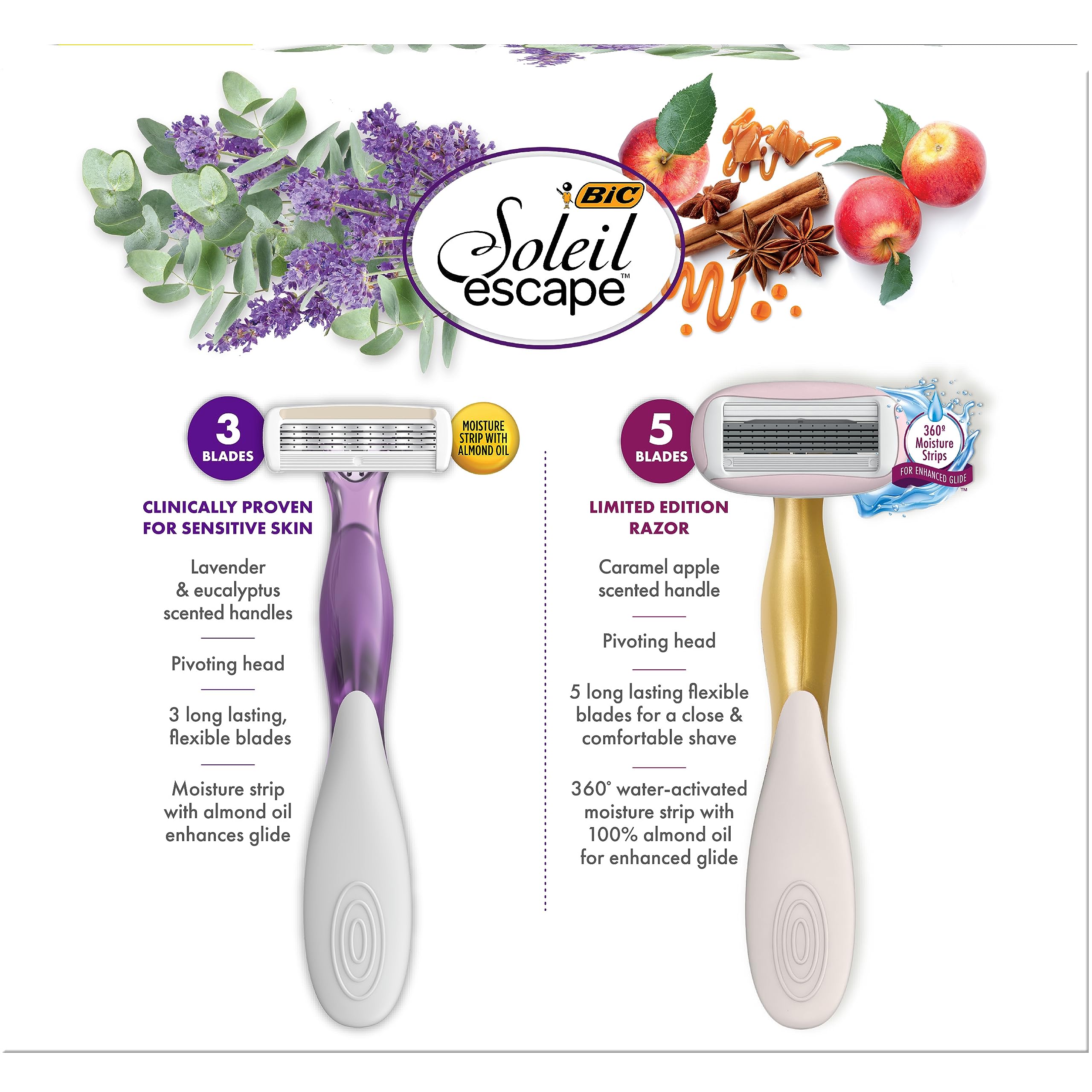BIC Soleil Escape Women's Disposable Razor 3-Blade Set with Moisture Strip - Almond Oil, Lavender & Eucalyptus Scented Handles - 8 Razors + Bonus Caramel Apple - Smooth Shaving for Legs, Underarms & Bikini Line