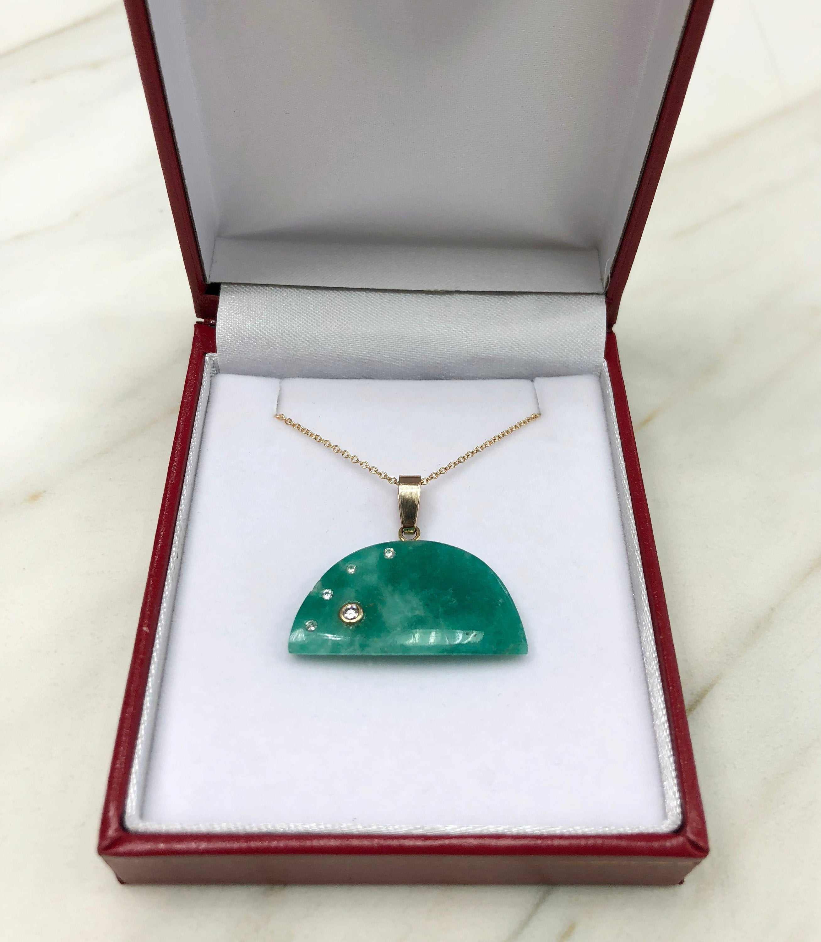 18.47cts Natural Raw Colombian Emerald Slice with Diamond Solitaire Pendant in 14K Gold - Elegant Jewelry for Weddings & Special Occasions